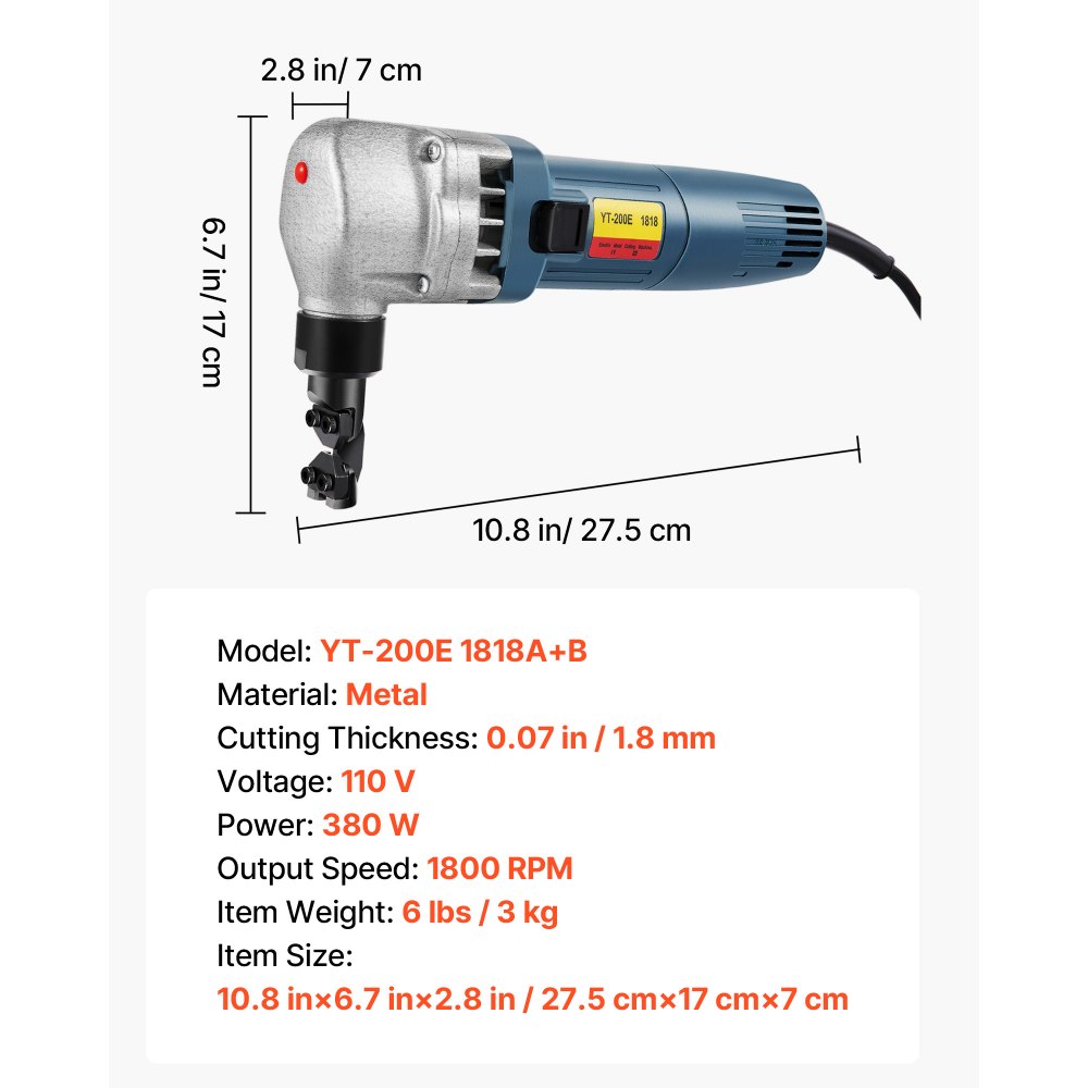 VEVOR Electric Sheet Metal Cutter, 380W Power, 1800RPM Rotor Speed, 0.07in/1.8mm Cutting Capacity, Includes Replacement Blades and Storage Case, Ideal for Stainless Steel, Aluminum, Plastic
