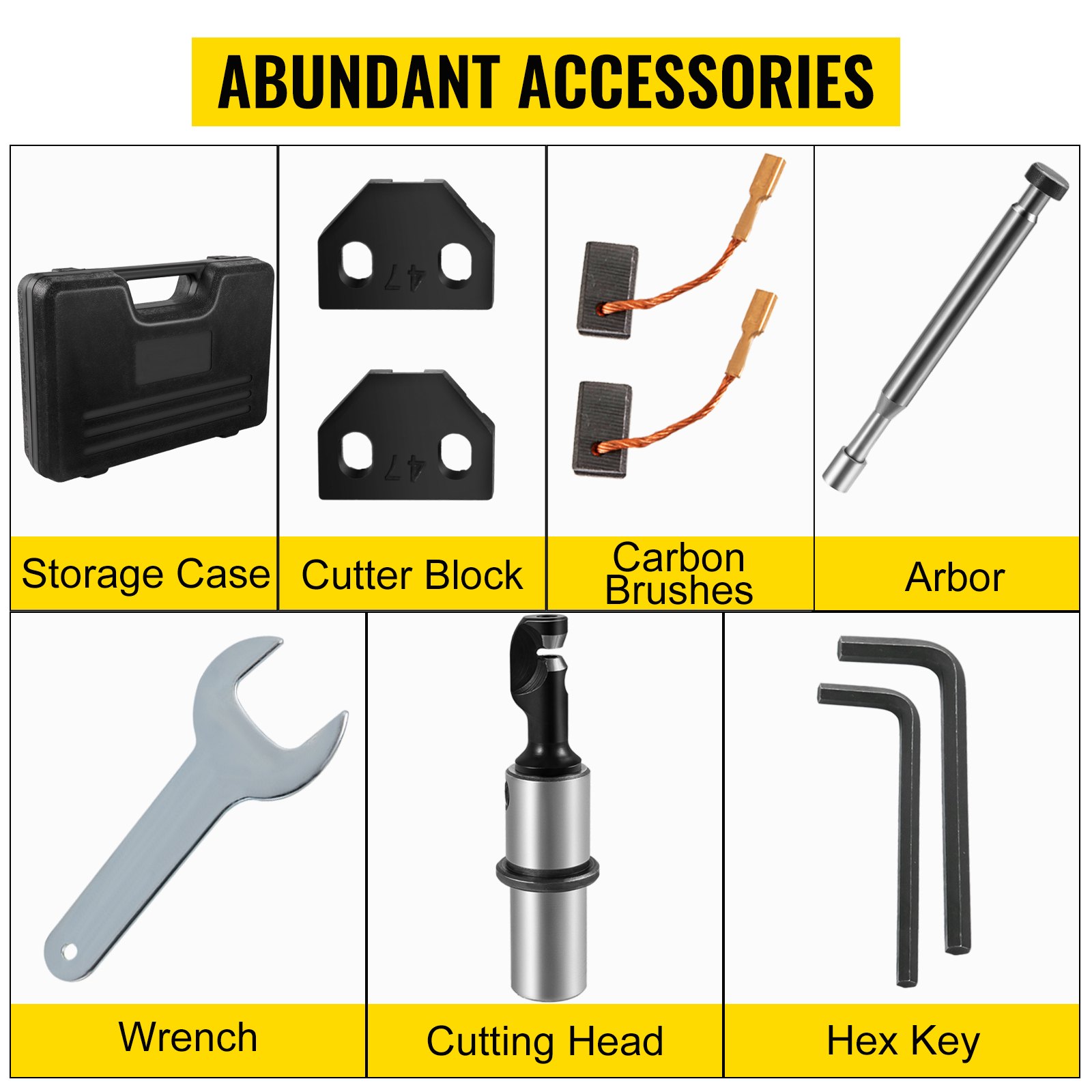 Accesorios para cortadora de chapa VEVOR: estuche de almacenamiento, bloques de corte, escobillas de carbón, mandril, llave, cabezal de corte, llaves hexagonales.