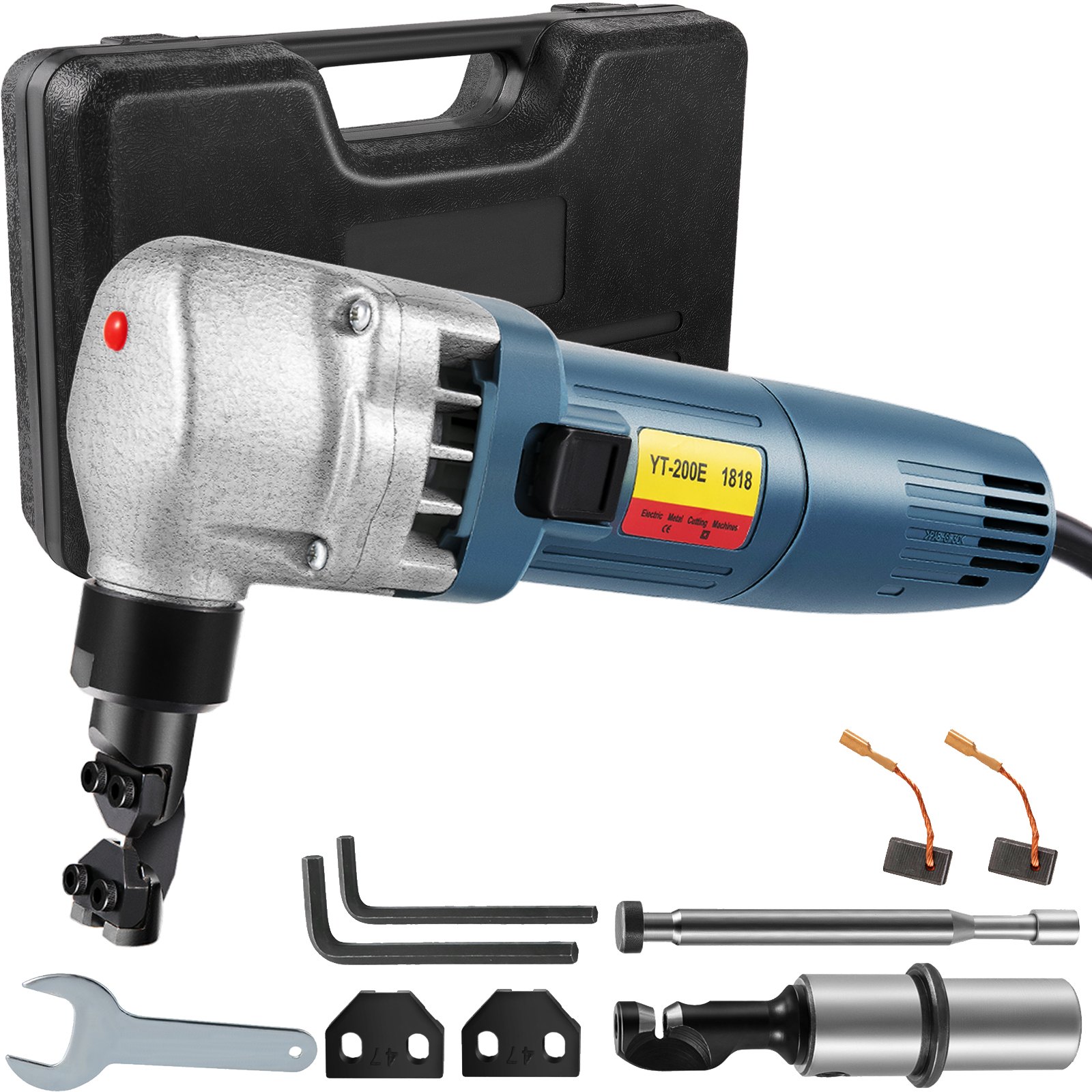 Cortadora eléctrica de chapa VEVOR, 380 W de potencia, 1800 RPM de velocidad de rotor, capacidad de corte de 1,8 mm (0,07 pulgadas), incluye cuchillas de repuesto y estuche, ideal para acero inoxidable, aluminio y plástico.