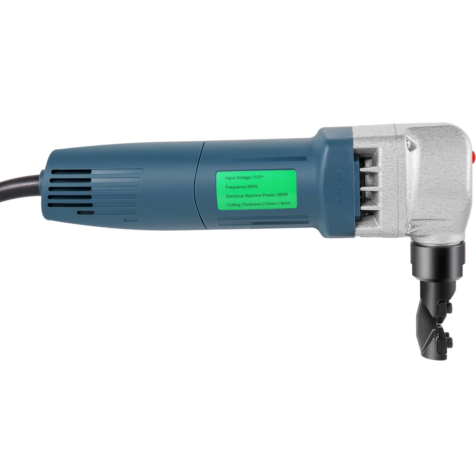 Cortadora eléctrica de chapa VEVOR, 380 W de potencia, 1800 RPM de velocidad de rotor, capacidad de corte de 1,8 mm (0,07 pulgadas), incluye cuchillas de repuesto y estuche, ideal para acero inoxidable, aluminio y plástico.