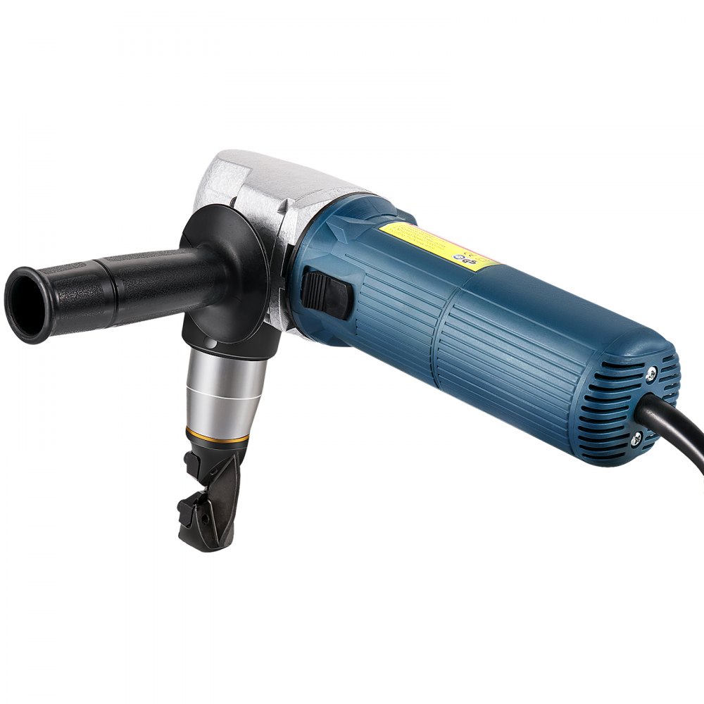 Cortadora de metal eléctrica VEVOR con mango azul y cabezal de corte negro.
