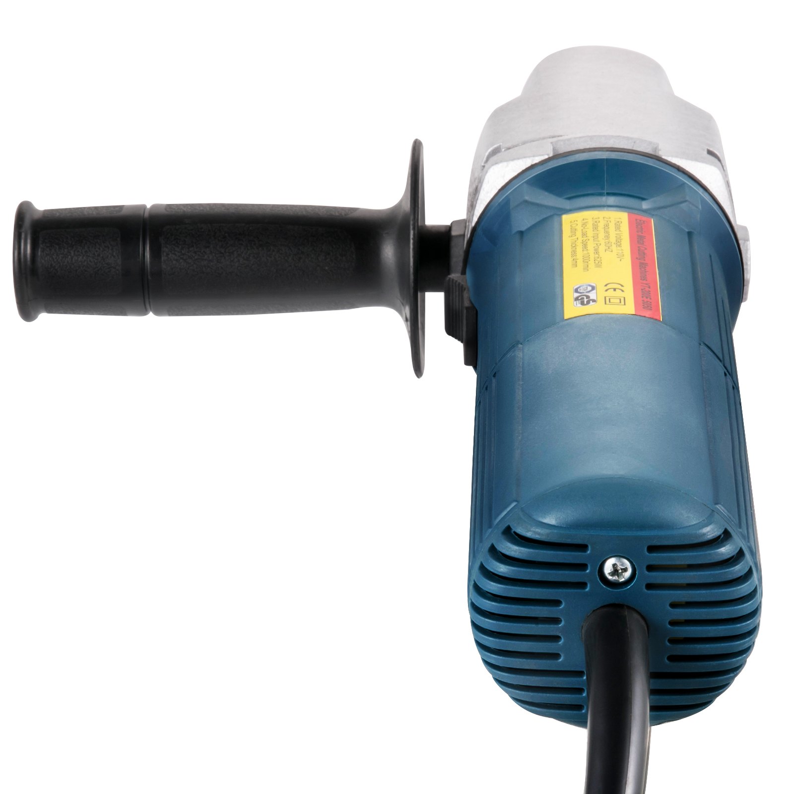 Cortadora de metal eléctrica VEVOR con mango ergonómico negro y cuerpo compacto azul.