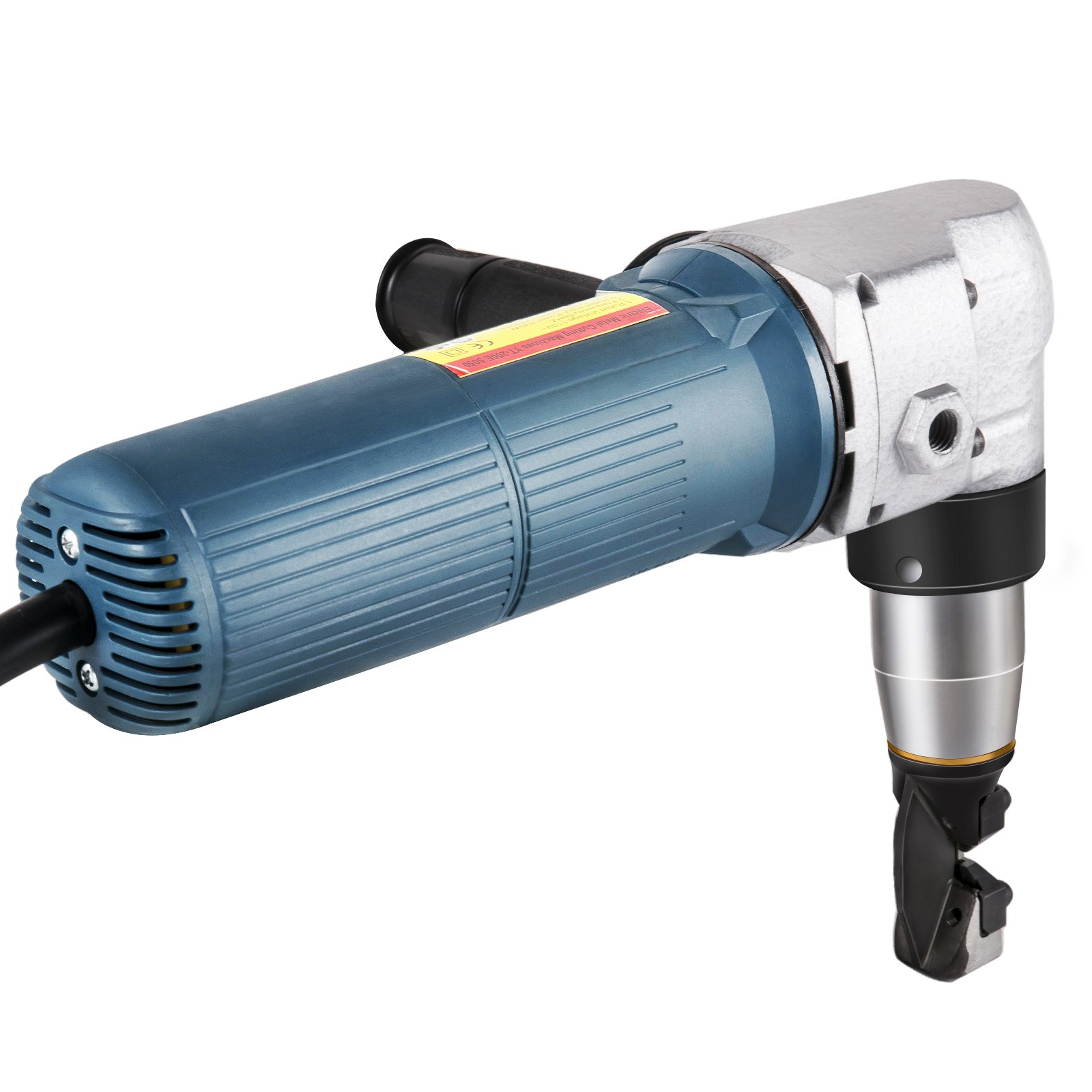 Cortadora de metal eléctrica VEVOR de color azul y metal con mango ergonómico y cabezal de corte.
