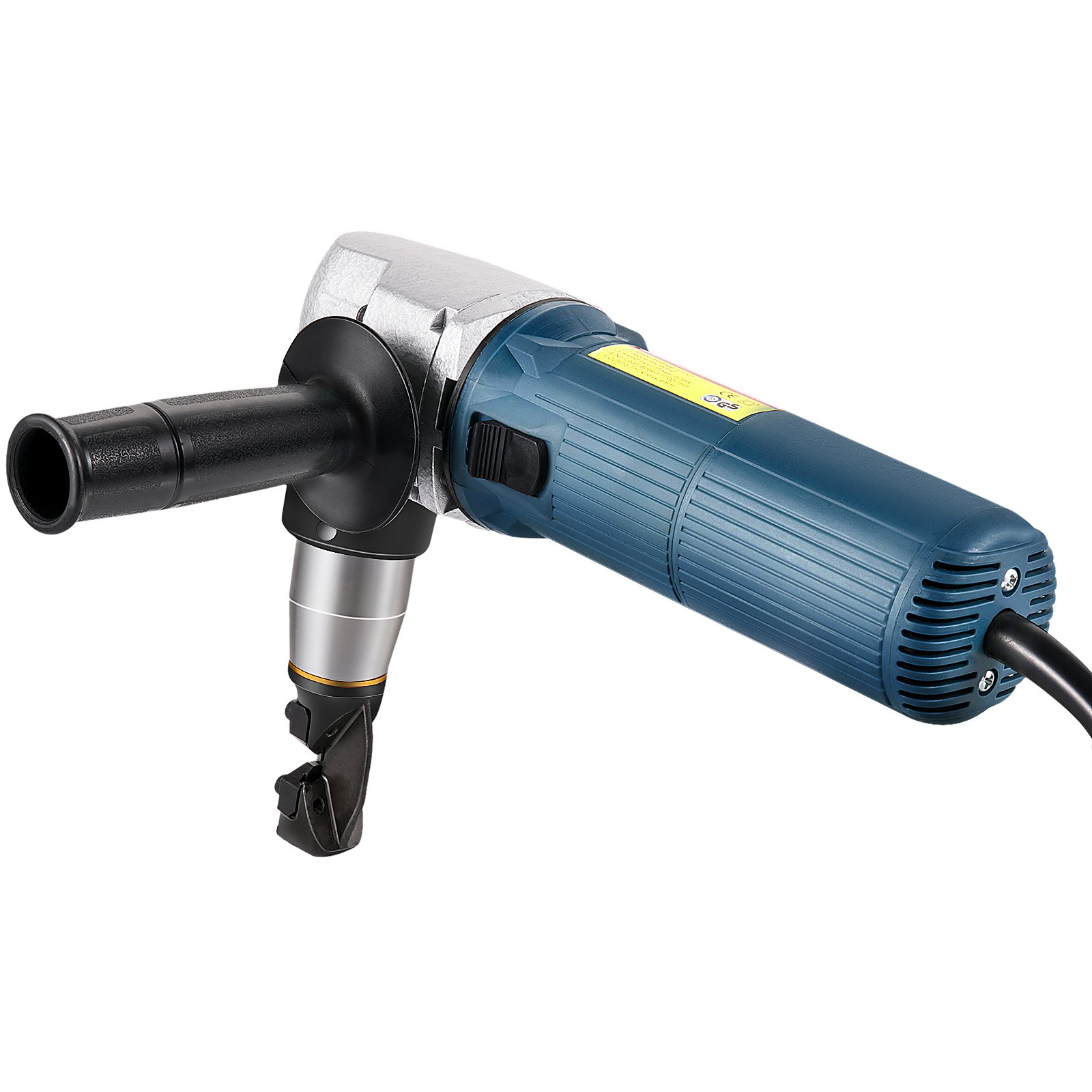 Cortadora de metal eléctrica VEVOR con mango azul y cabezal de corte negro.