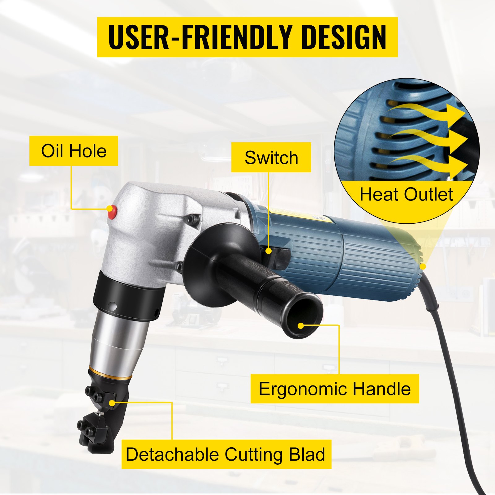 Cortadora de metal eléctrica VEVOR con mango ergonómico y cuchilla de corte desmontable.