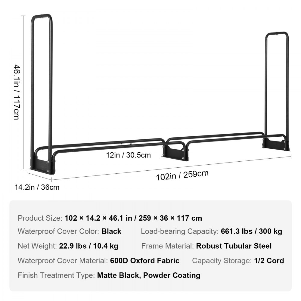 VEVOR Estante de leña para exteriores de 8.5 pies con cubierta, 102 x 14.2 x 46.1 pulgadas, soporte de leña resistente y cubierta impermeable Oxford 600D para chimenea, patio, estante de almacenamiento de troncos para interior/exterior para 1/2 cordón de leña