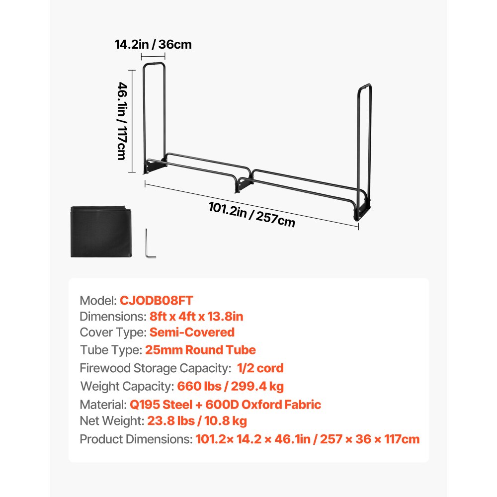 Leñero VEVOR con cubierta impermeable, 101 x 14 x 46 pulgadas, soporte para leña de exterior, capacidad de carga de 660 lb, soporte para troncos de 1/2 cuerda, semicubierto, estante de almacenamiento de leña con recubrimiento en polvo para chimenea o terraza.