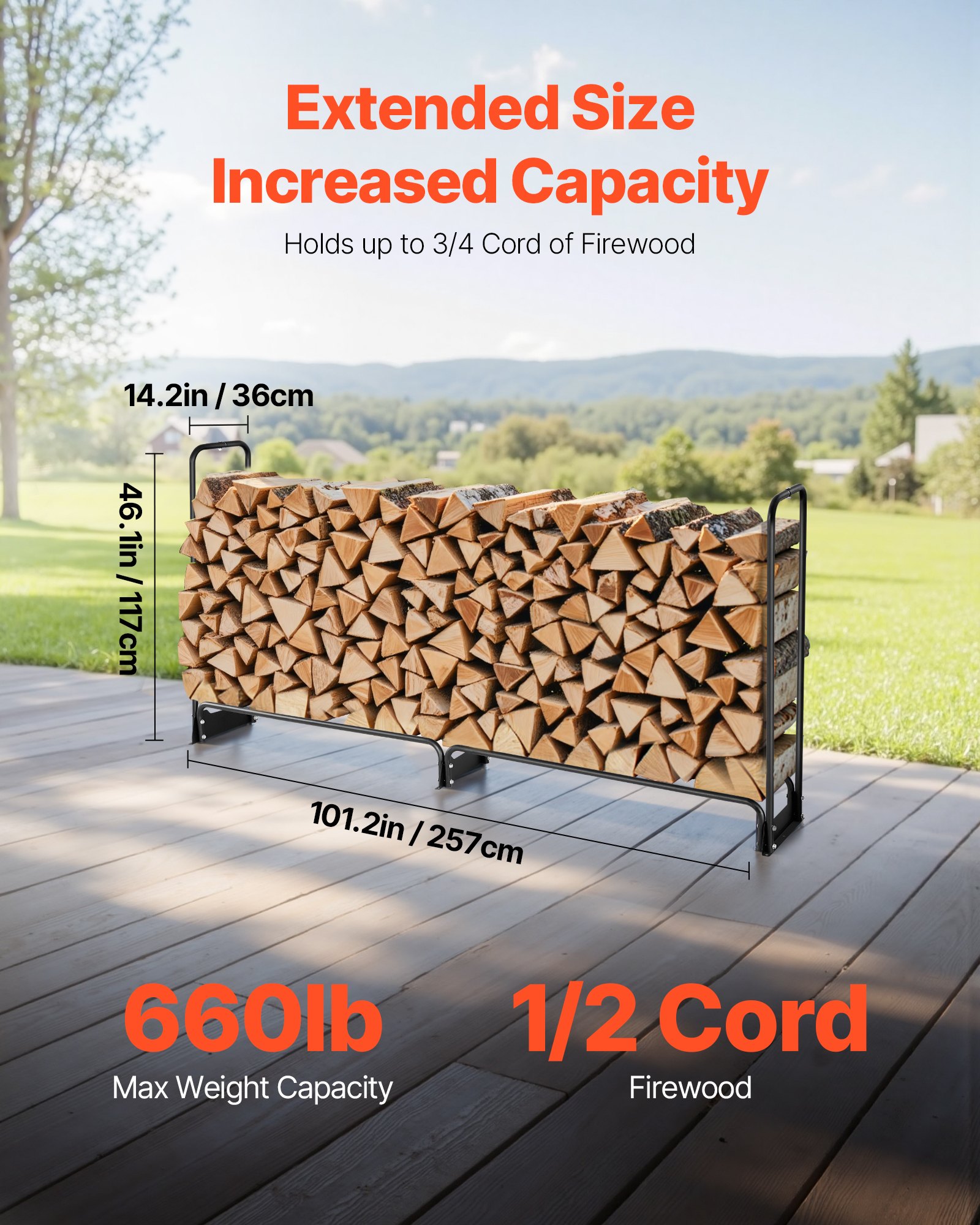 Leñero VEVOR con cubierta impermeable, 101 x 14 x 46 pulgadas, soporte para leña de exterior, capacidad de carga de 660 lb, soporte para troncos de 1/2 cuerda, semicubierto, estante de almacenamiento de leña con recubrimiento en polvo para chimenea o terraza.