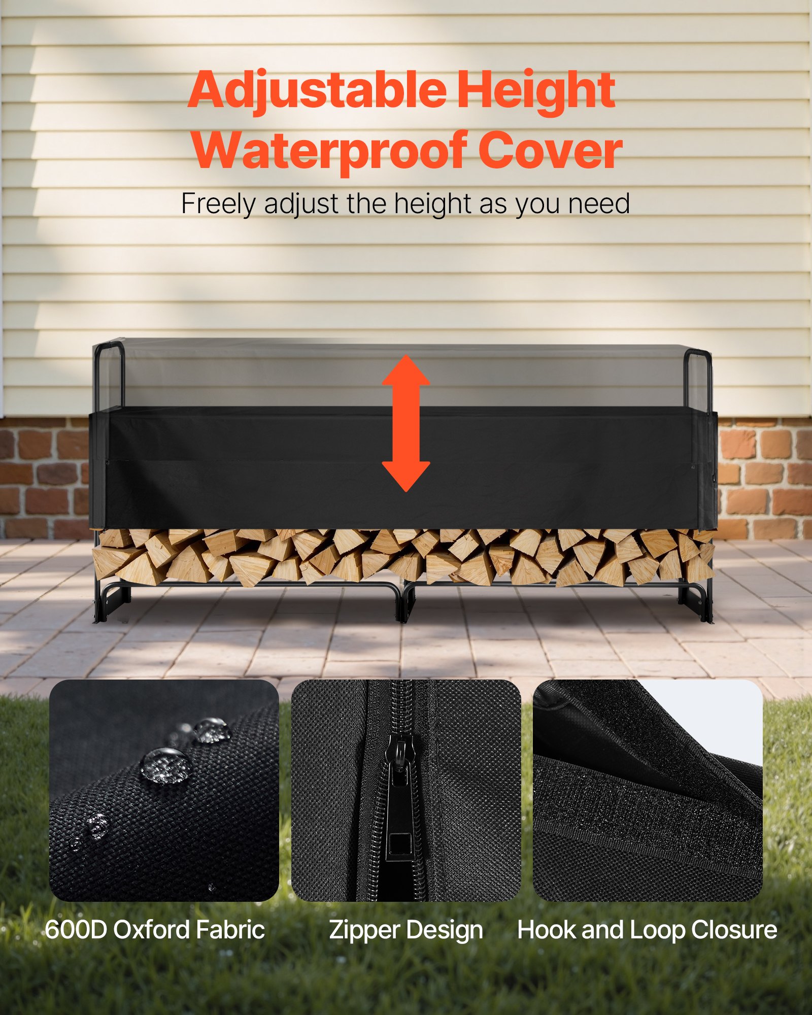 Leñero VEVOR con cubierta impermeable, 101 x 14 x 46 pulgadas, soporte para leña de exterior, capacidad de carga de 660 lb, soporte para troncos de 1/2 cuerda, semicubierto, estante de almacenamiento de leña con recubrimiento en polvo para chimenea o terraza.