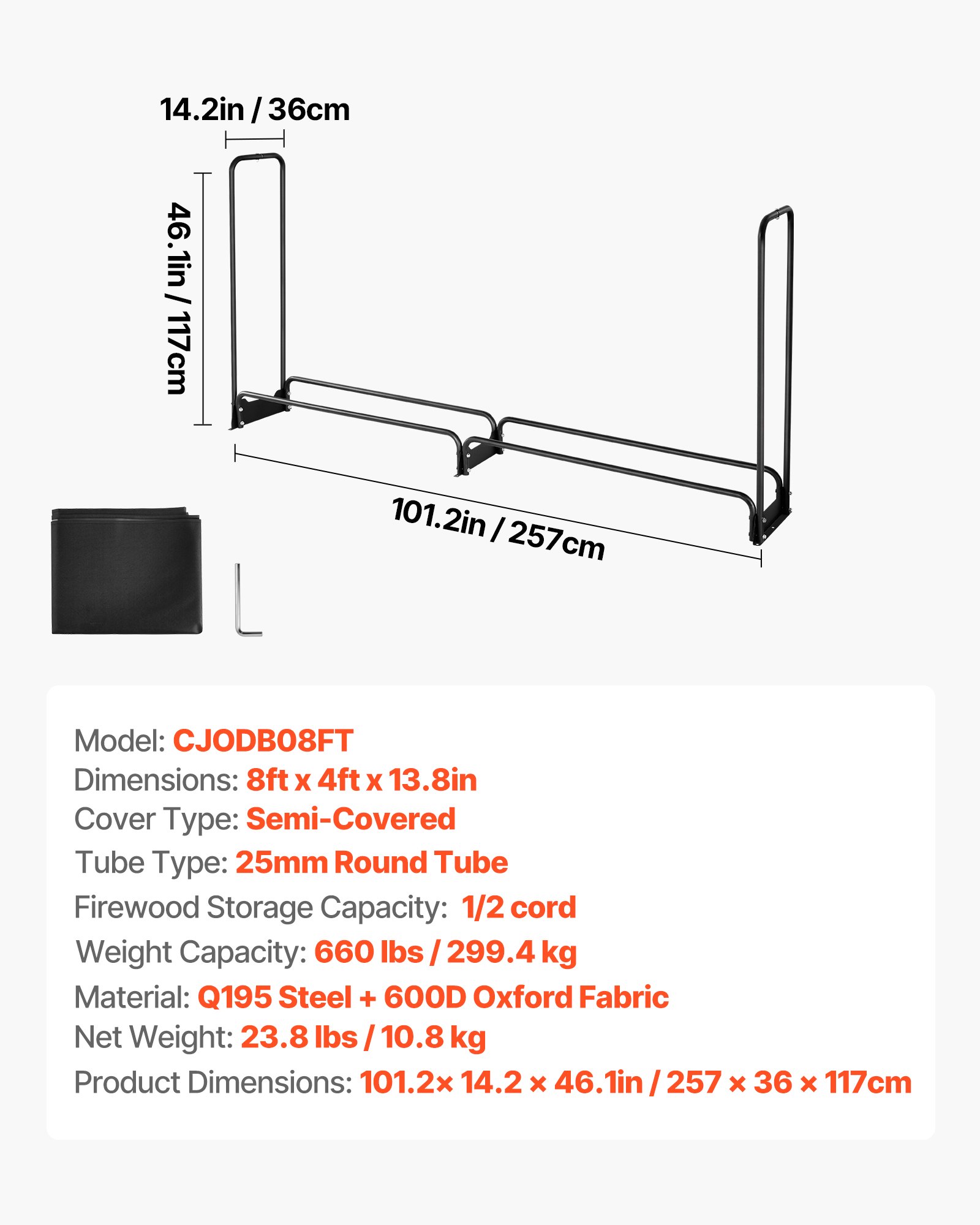 Leñero VEVOR con cubierta impermeable, 101 x 14 x 46 pulgadas, soporte para leña de exterior, capacidad de carga de 660 lb, soporte para troncos de 1/2 cuerda, semicubierto, estante de almacenamiento de leña con recubrimiento en polvo para chimenea o terraza.