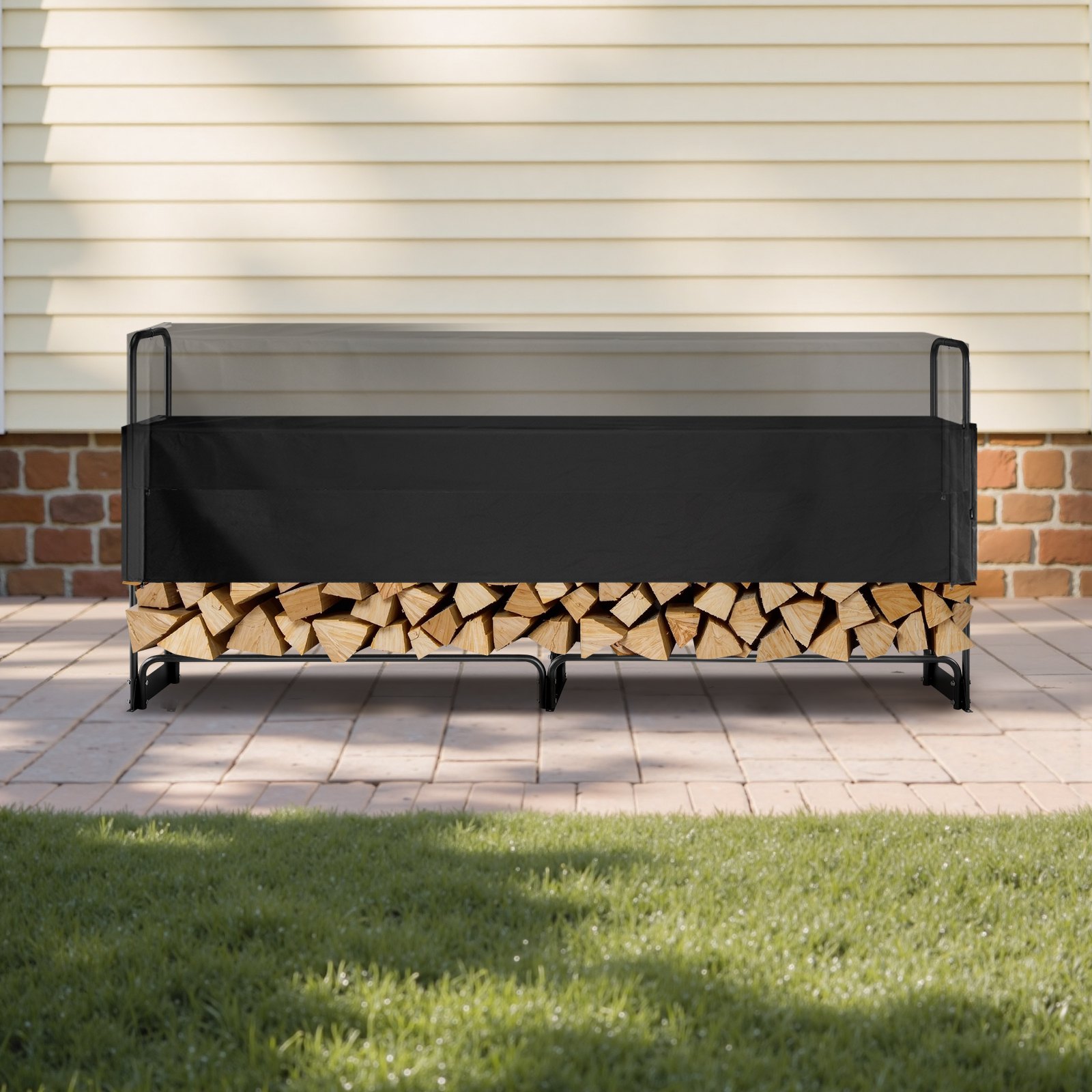 Leñero VEVOR con cubierta impermeable, 101 x 14 x 46 pulgadas, soporte para leña de exterior, capacidad de carga de 660 lb, soporte para troncos de 1/2 cuerda, semicubierto, estante de almacenamiento de leña con recubrimiento en polvo para chimenea o terraza.