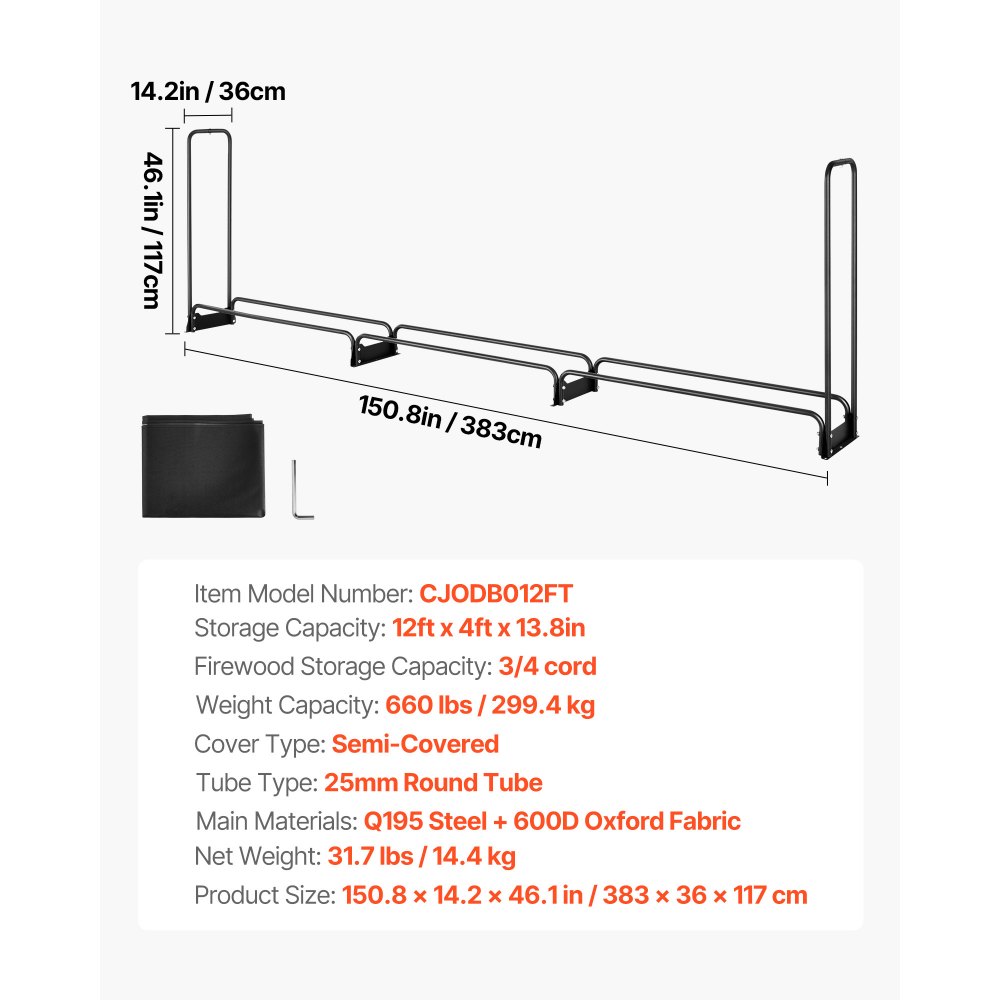 Leñero VEVOR con cubierta impermeable, 381 x 35,5 x 117 cm, soporte para leña de exterior, capacidad de carga de 300 kg, soporte para media cuerda de leña, semicubierto, estante de almacenamiento de leña con recubrimiento en polvo para chimenea o terraza.