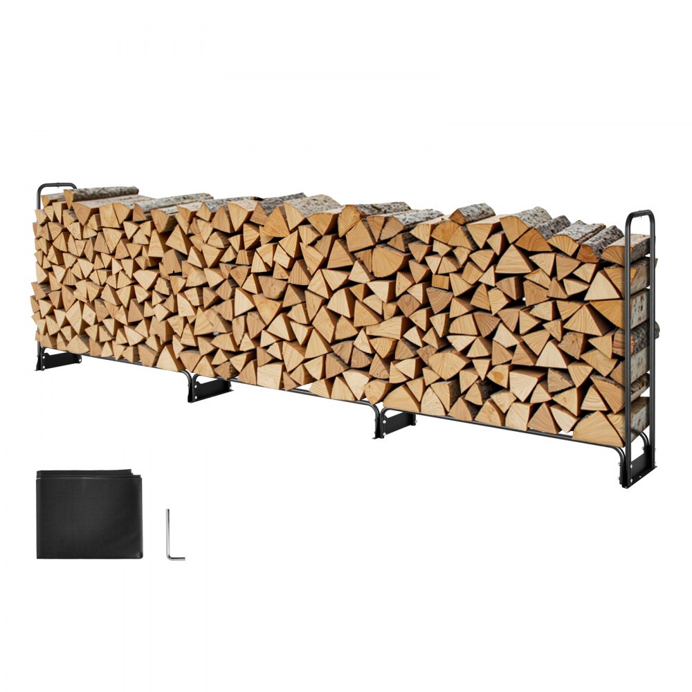 Leñero VEVOR con cubierta impermeable, 381 x 35,5 x 117 cm, soporte para leña de exterior, capacidad de carga de 300 kg, soporte para media cuerda de leña, semicubierto, estante de almacenamiento de leña con recubrimiento en polvo para chimenea o terraza.