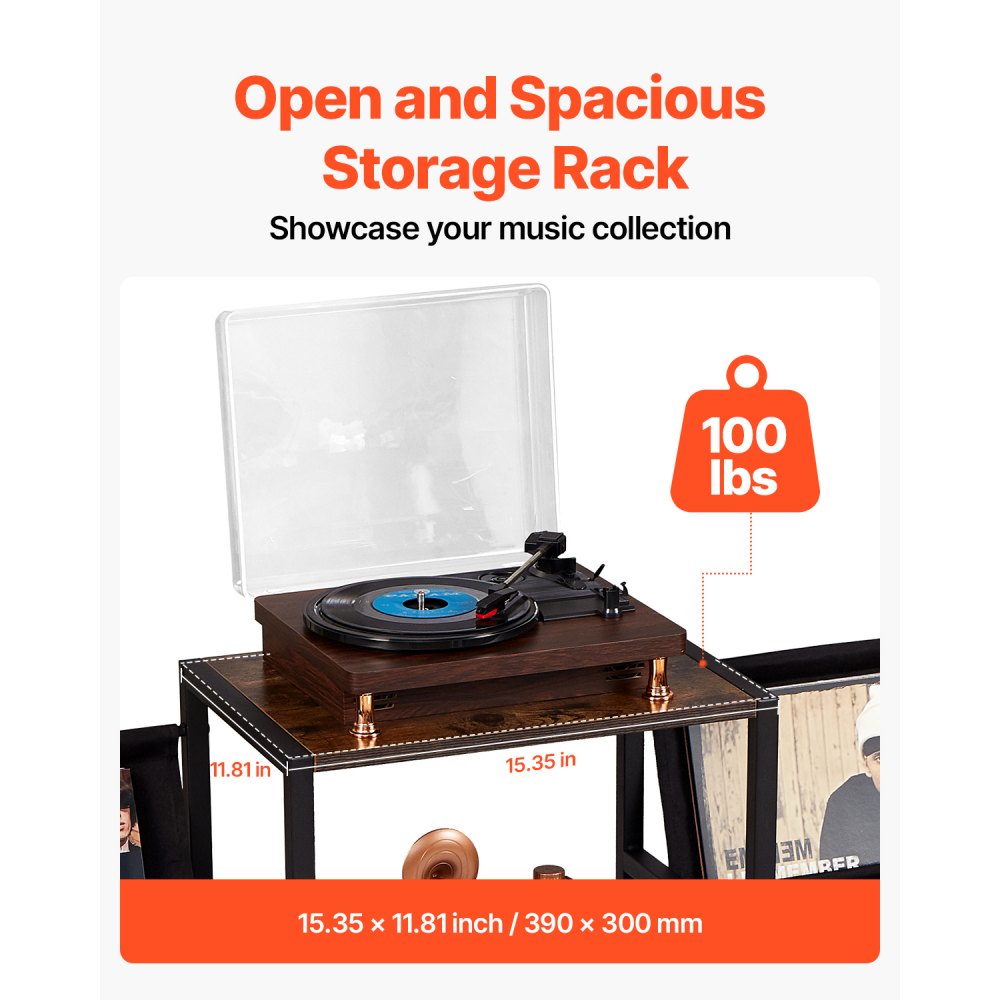 VEVOR Soporte para tocadiscos de vinilo de metal de 3 niveles, con estante para discos de vinilo, de madera, ideal para dormitorio y sala de estar, color negro