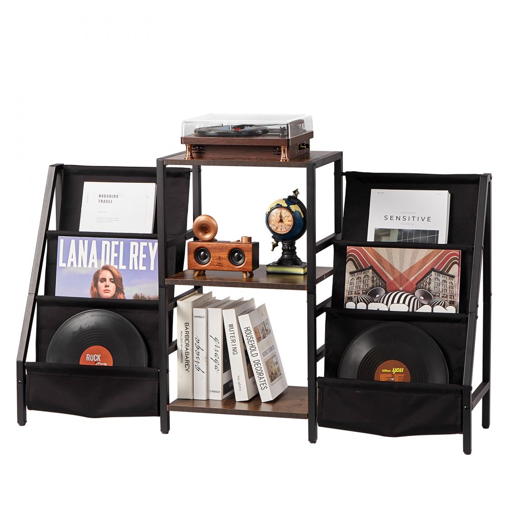VEVOR Soporte para tocadiscos de vinilo de metal de 3 niveles, con estante para discos de vinilo, de madera, ideal para dormitorio y sala de estar, color negro