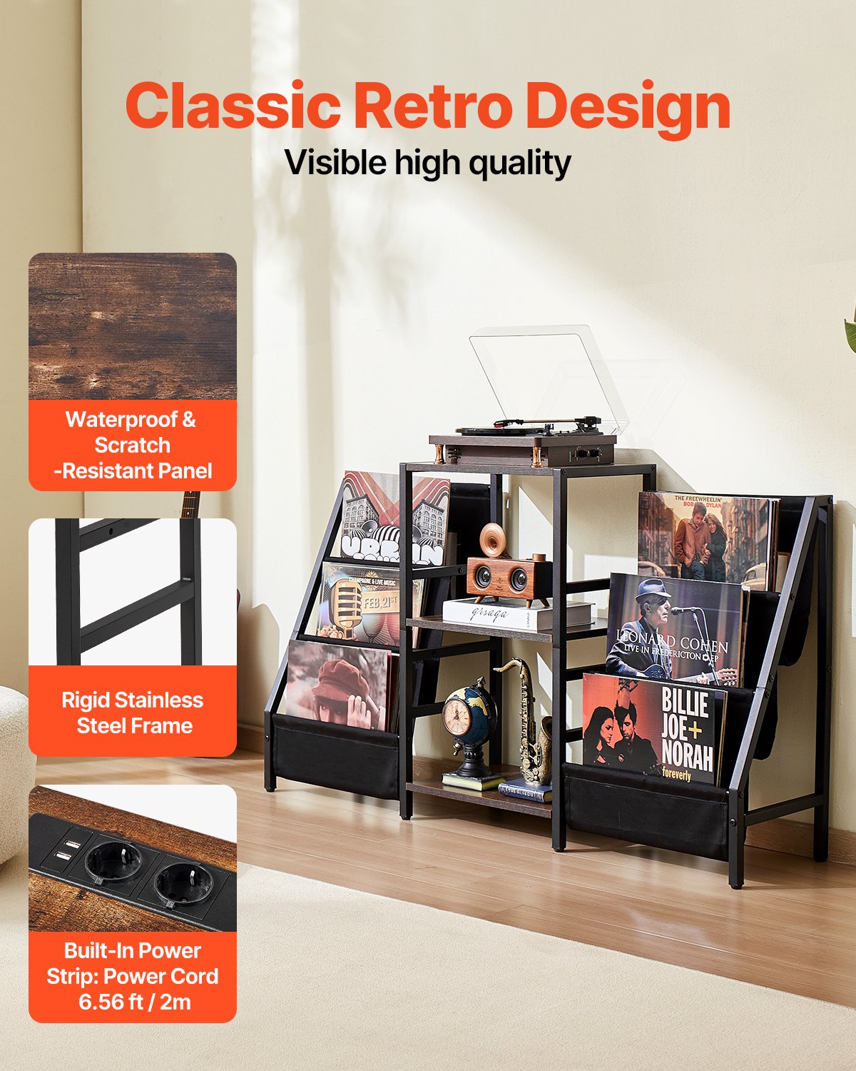 VEVOR Soporte para tocadiscos de vinilo de metal de 3 niveles, con estante para discos de vinilo, de madera, ideal para dormitorio y sala de estar, color negro