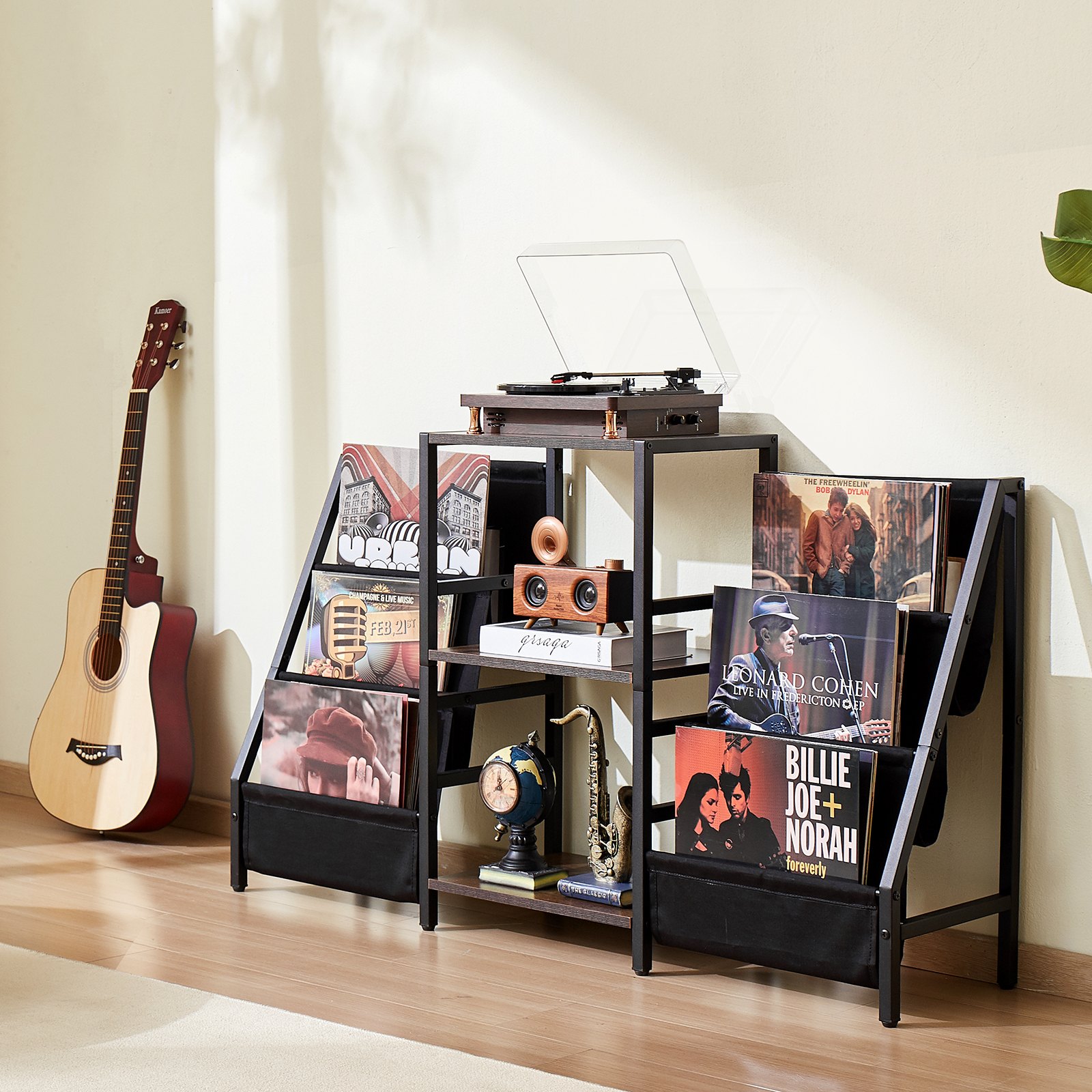 VEVOR Soporte para tocadiscos de vinilo de metal de 3 niveles, con estante para discos de vinilo, de madera, ideal para dormitorio y sala de estar, color negro