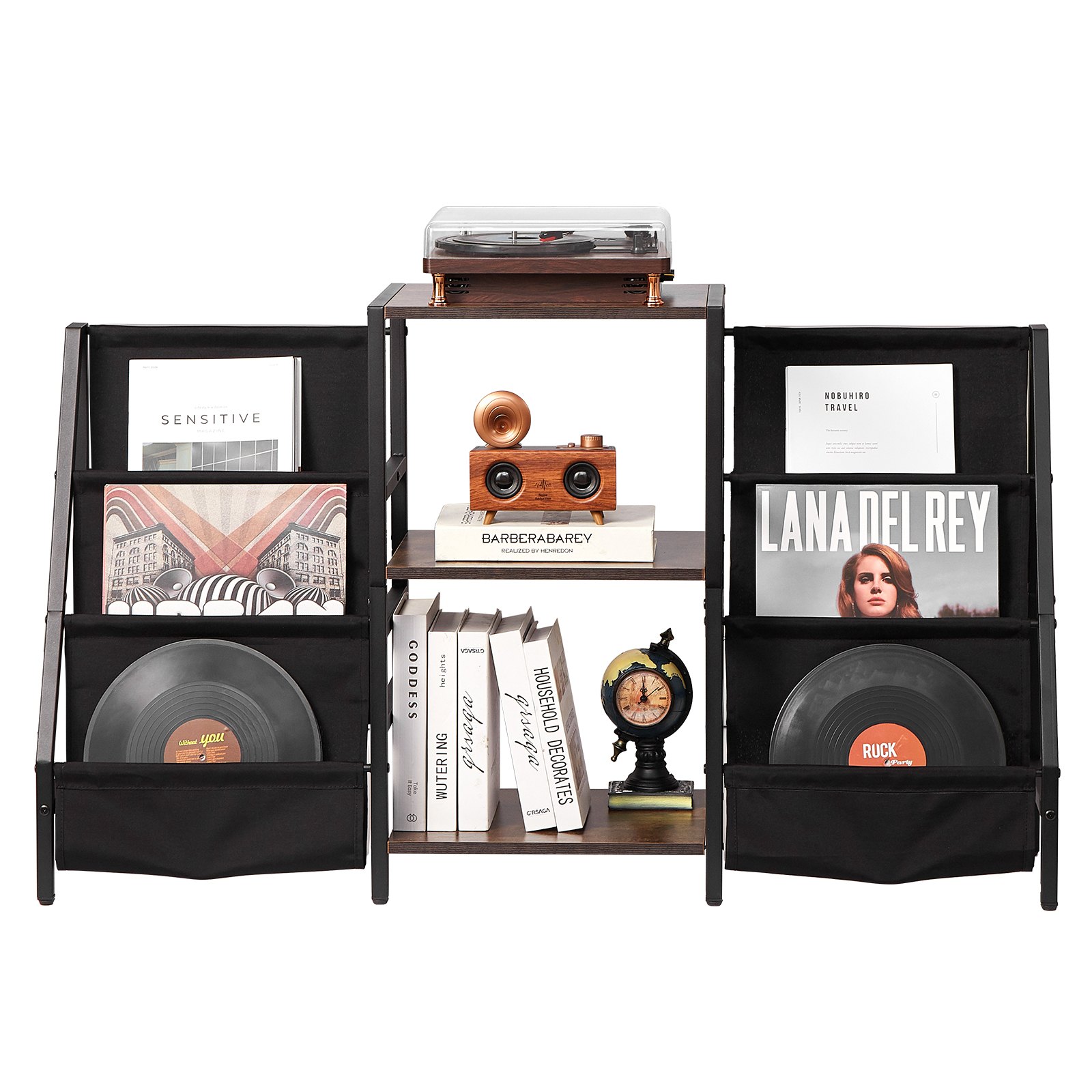 VEVOR Soporte para tocadiscos de vinilo de metal de 3 niveles, con estante para discos de vinilo, de madera, ideal para dormitorio y sala de estar, color negro