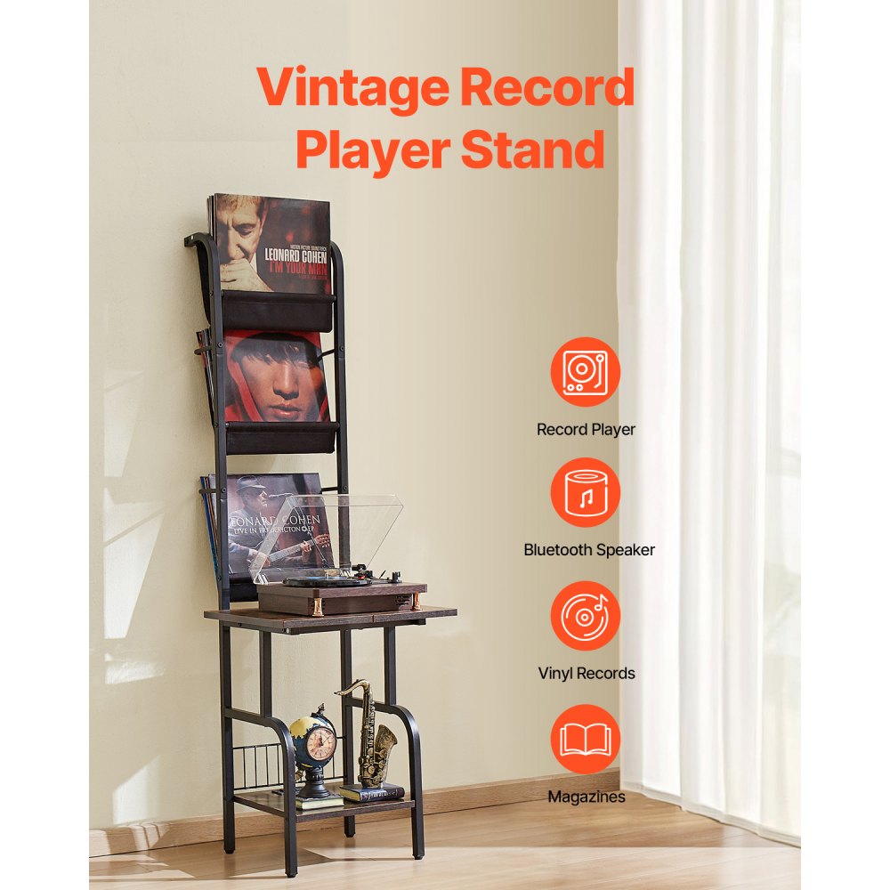 VEVOR - Soporte para tocadiscos de vinilo de 5 niveles con estación de carga y puertos USB, soporte para tocadiscos con estante para exhibir discos para sala de estar y dormitorio, color negro