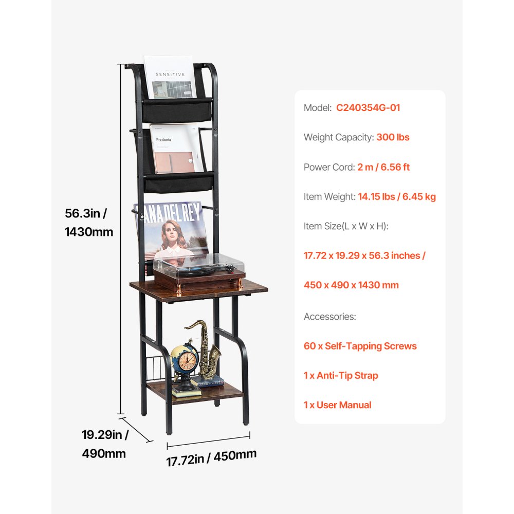 VEVOR - Soporte para tocadiscos de vinilo de 5 niveles con estación de carga y puertos USB, soporte para tocadiscos con estante para exhibir discos para sala de estar y dormitorio, color negro