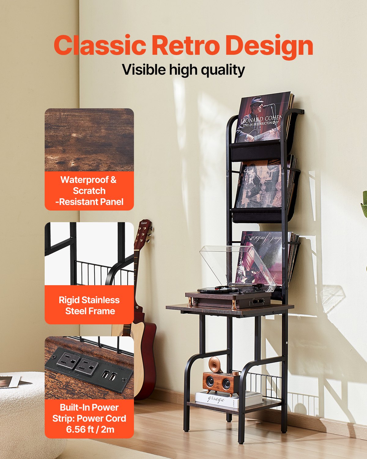 VEVOR - Soporte para tocadiscos de vinilo de 5 niveles con estación de carga y puertos USB, soporte para tocadiscos con estante para exhibir discos para sala de estar y dormitorio, color negro