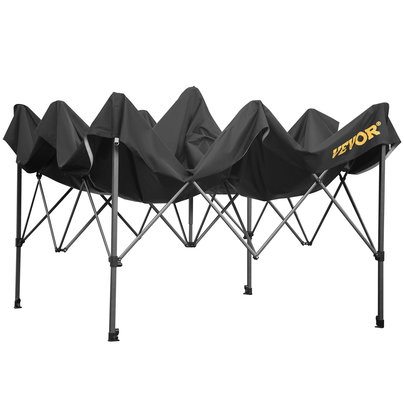 Tienda de campaña emergente VEVOR con estructura parcialmente expandida, dosel negro y patas de metal duraderas.