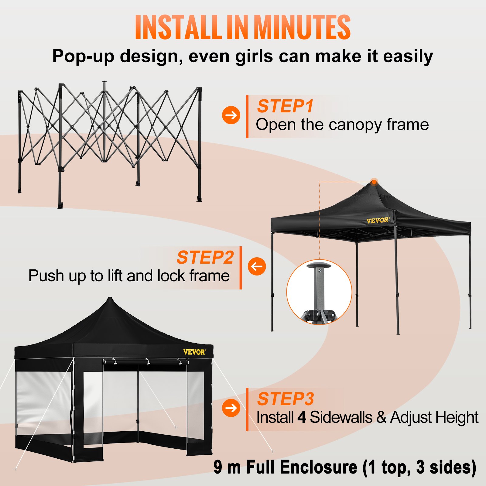 Carpa plegable VEVOR de 3 x 3 m para exteriores, con paredes laterales extraíbles y bolsa con ruedas, resistente a los rayos UV, impermeable, ideal para fiestas, jardín y patio, color negro