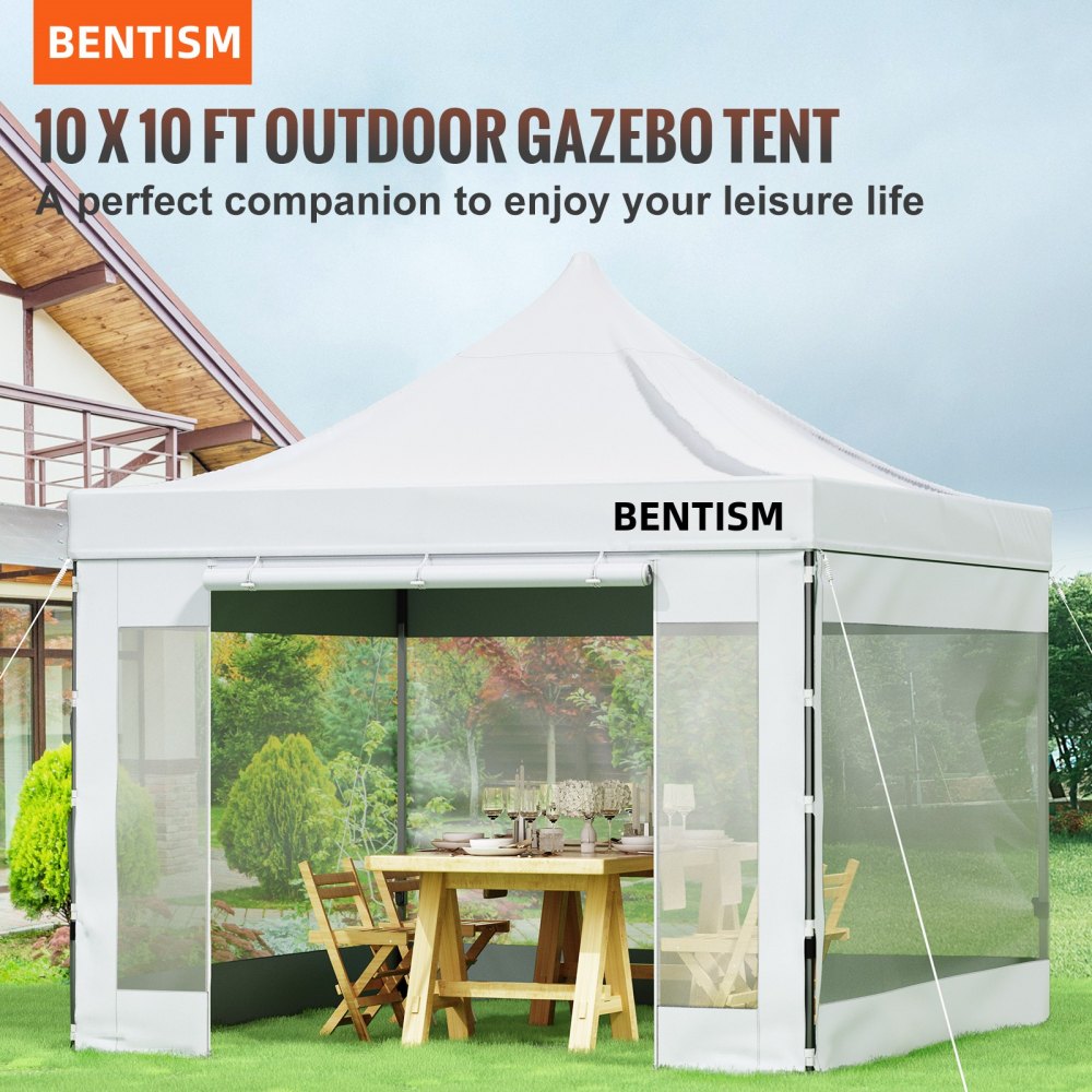 Carpa plegable VEVOR para jardín, con paredes laterales de malla y un comedor en el interior