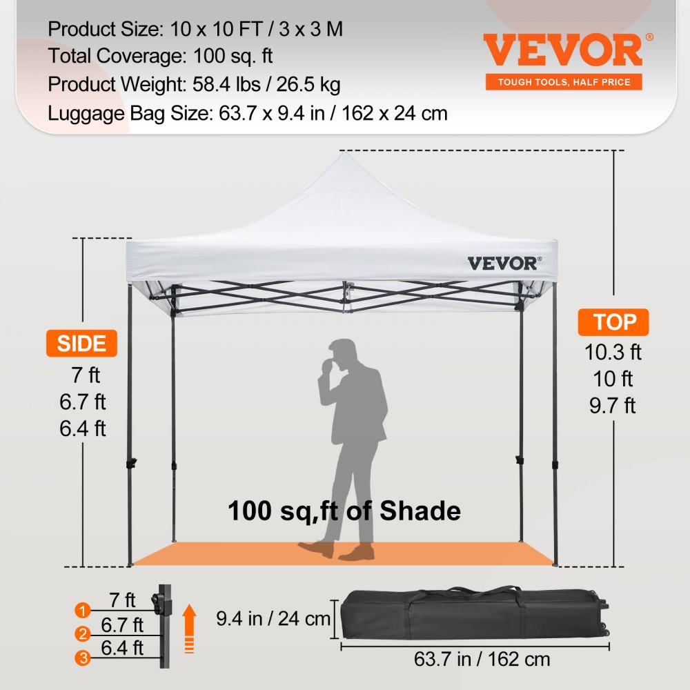 Carpa plegable VEVOR de 10 x 10 pies, 100 pies cuadrados de sombra, alturas ajustables, incluye bolsa de transporte.