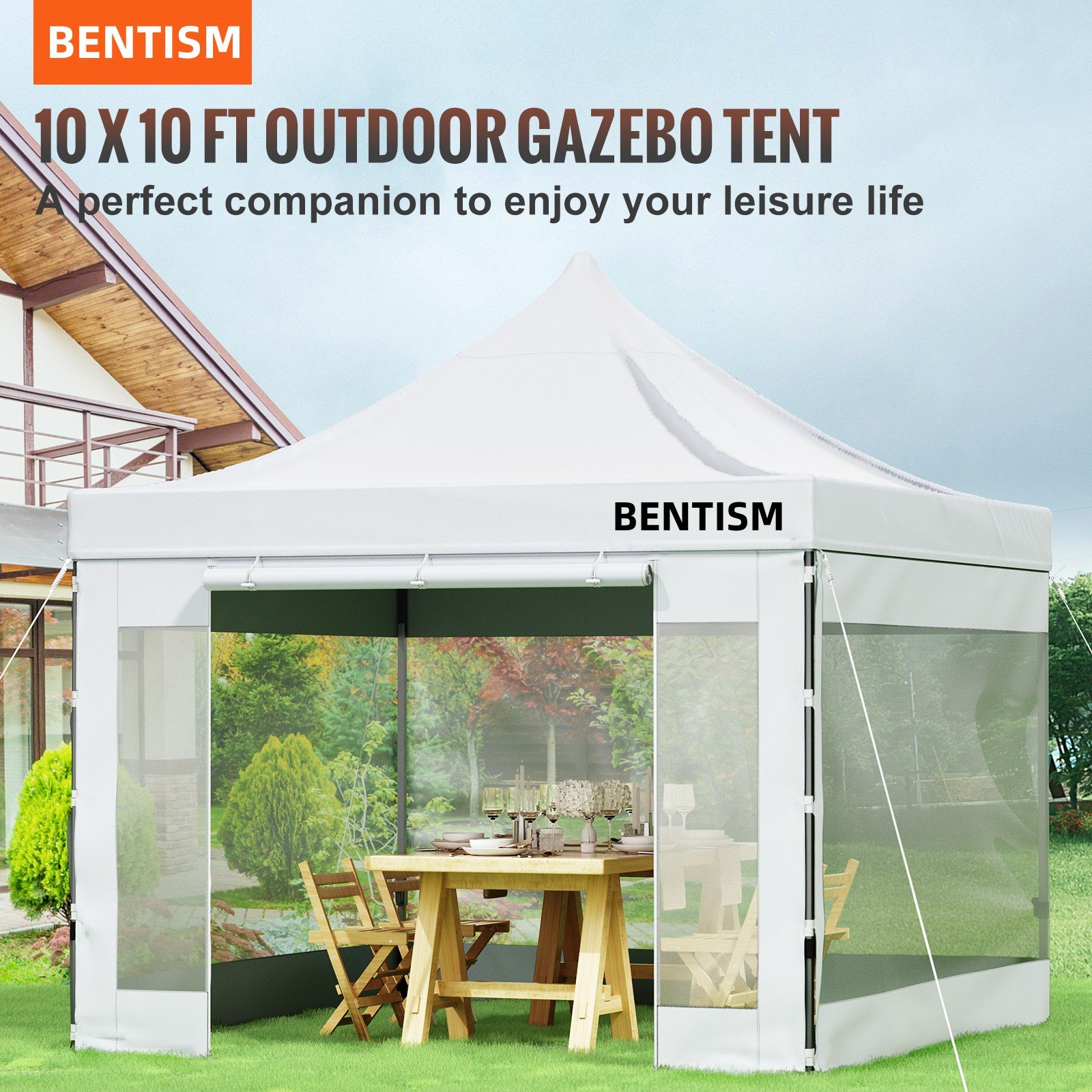 Carpa plegable VEVOR para jardín, con paredes laterales de malla y un comedor en el interior
