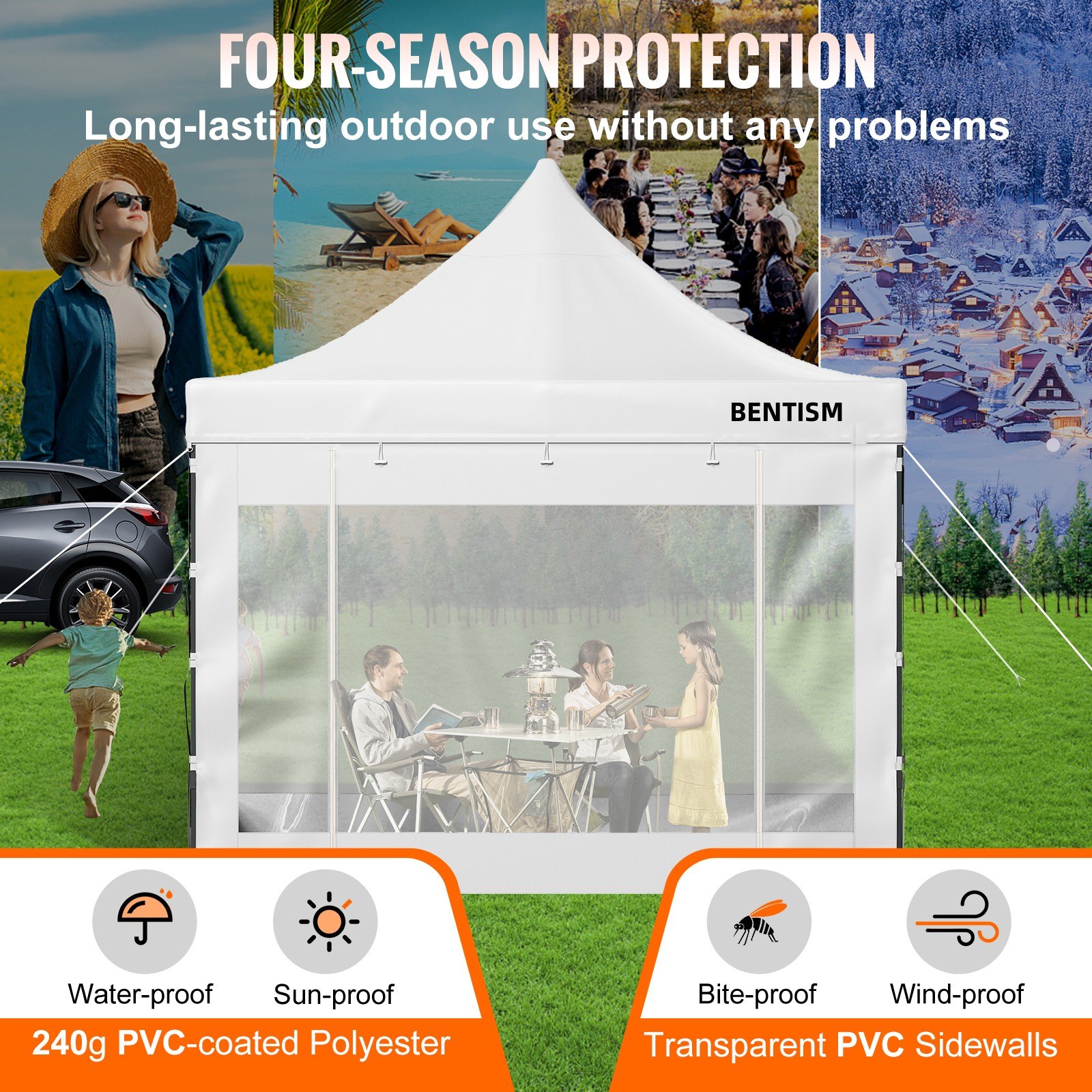 Carpa plegable Bentism VEVOR con paredes laterales de PVC transparente para protección al aire libre durante las cuatro estaciones.