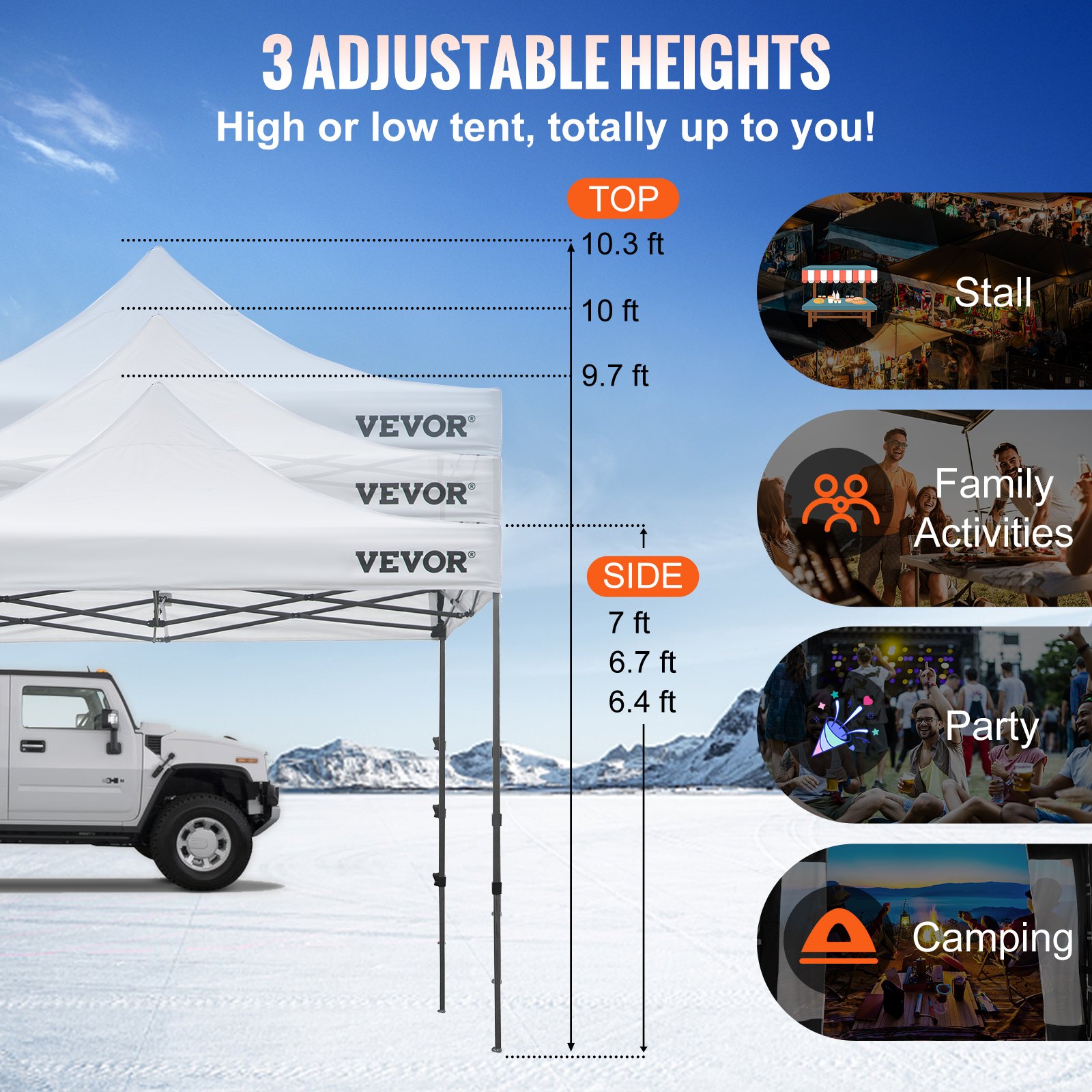Carpa con dosel emergente VEVOR con 3 alturas ajustables para puestos, actividades familiares, fiestas y campamentos.