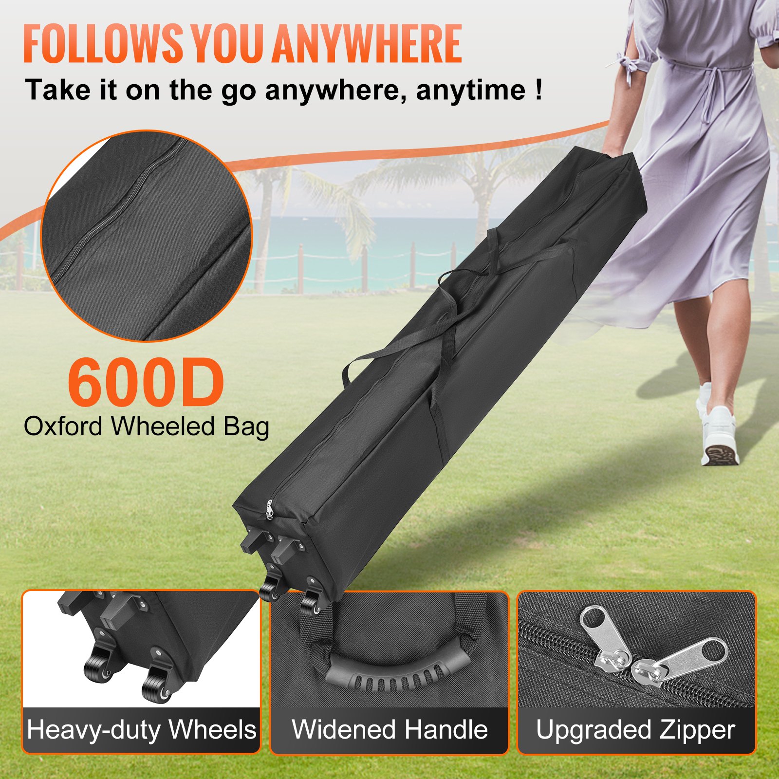 Carpa plegable VEVOR en una bolsa con ruedas Oxford 600d con ruedas resistentes y cremallera mejorada.