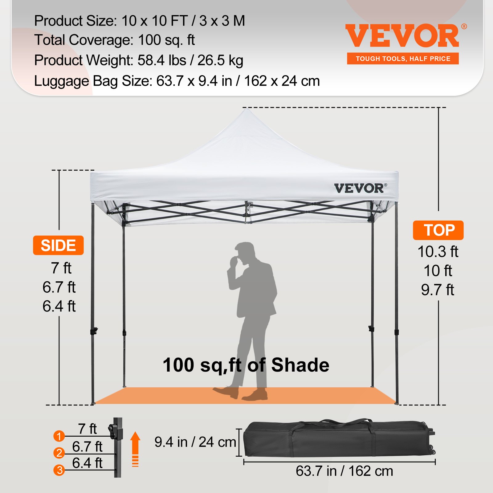 Carpa plegable VEVOR de 10 x 10 pies, 100 pies cuadrados de sombra, alturas ajustables, incluye bolsa de transporte.