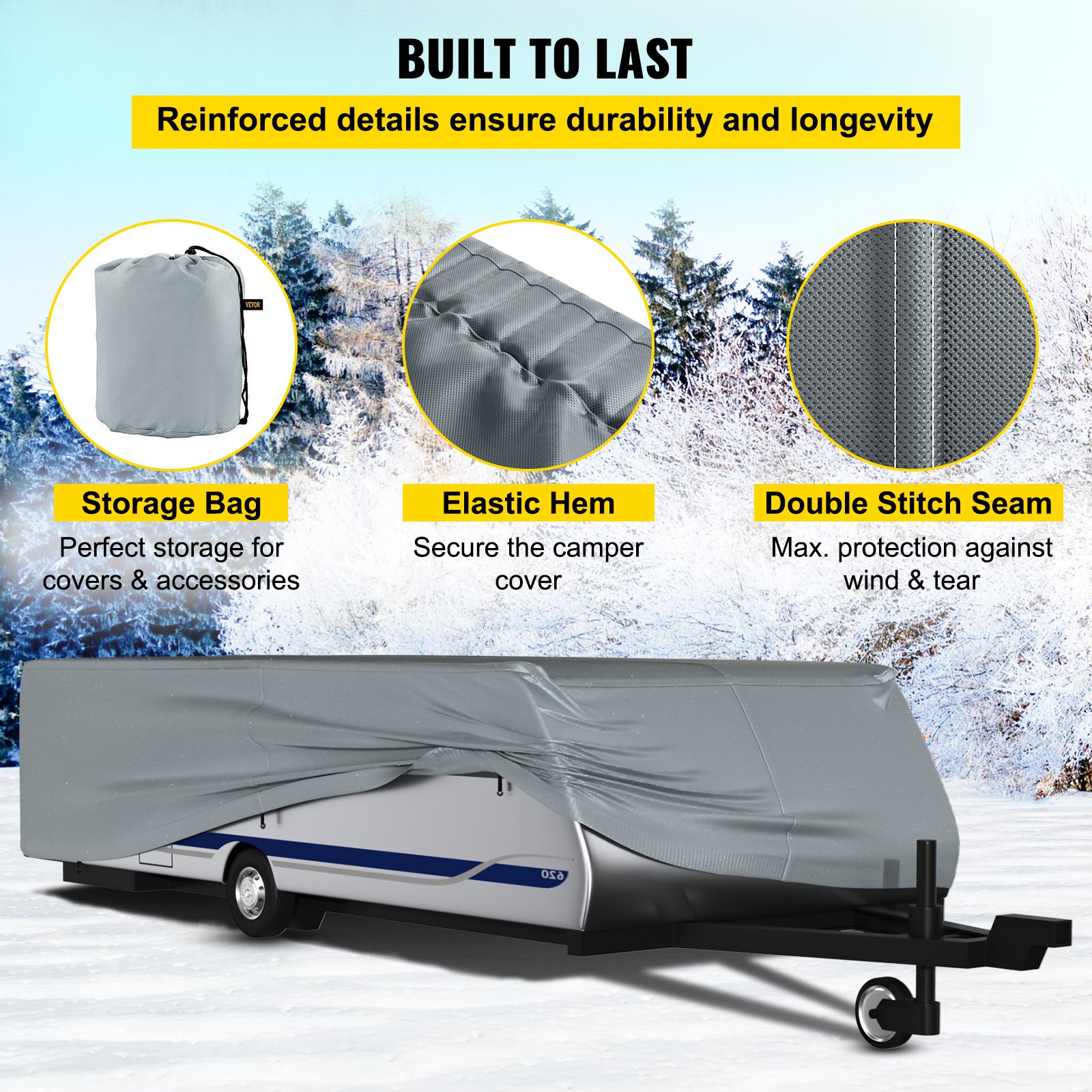 VEVOR Pop Up Camper Cover, apto para remolques de 12'-14', Ripstop 4 capas de tela no tejida plegable para remolque, resistente a los rayos UV, resistente al agua, cubierta de almacenamiento para caravana con 3 cuerdas a prueba de viento y 1 bolsa de almacenamiento, gris