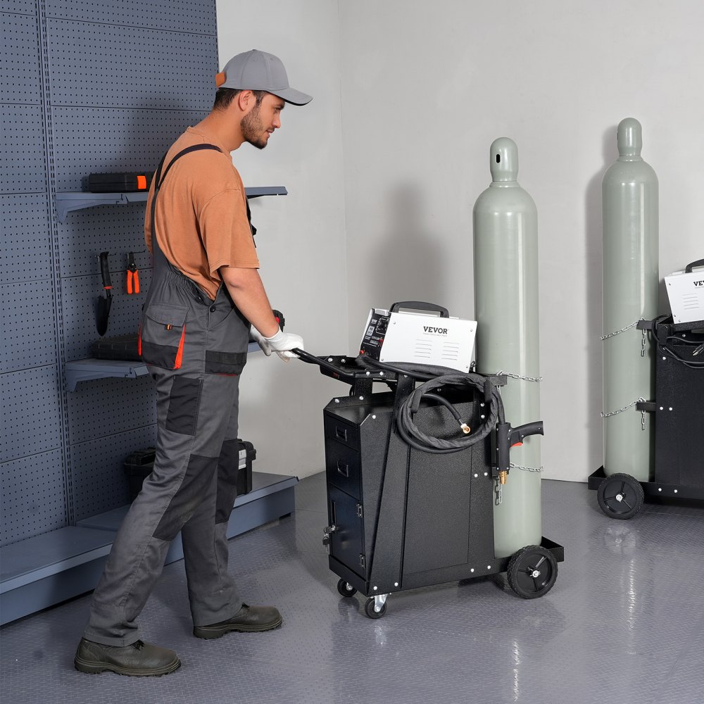 Carro de soldadura VEVOR, carro de soldadura de 2 cajones, resistente, con gabinete con cerradura antirrobo, capacidad de peso estático de 159 kg, ruedas giratorias de 360°, cadenas de seguridad para tanque de almacenamiento para soldadora MIG TIG y cortadora de plasma.