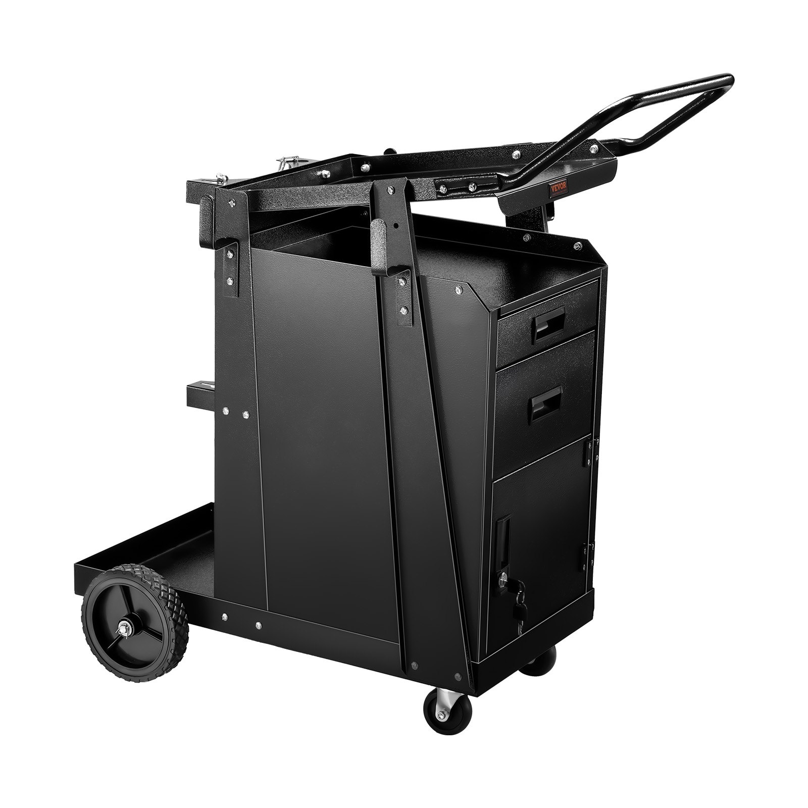 Carro de soldadura VEVOR, carro de soldadura de 2 cajones, resistente, con gabinete con cerradura antirrobo, capacidad de peso estático de 159 kg, ruedas giratorias de 360°, cadenas de seguridad para tanque de almacenamiento para soldadora MIG TIG y cortadora de plasma.