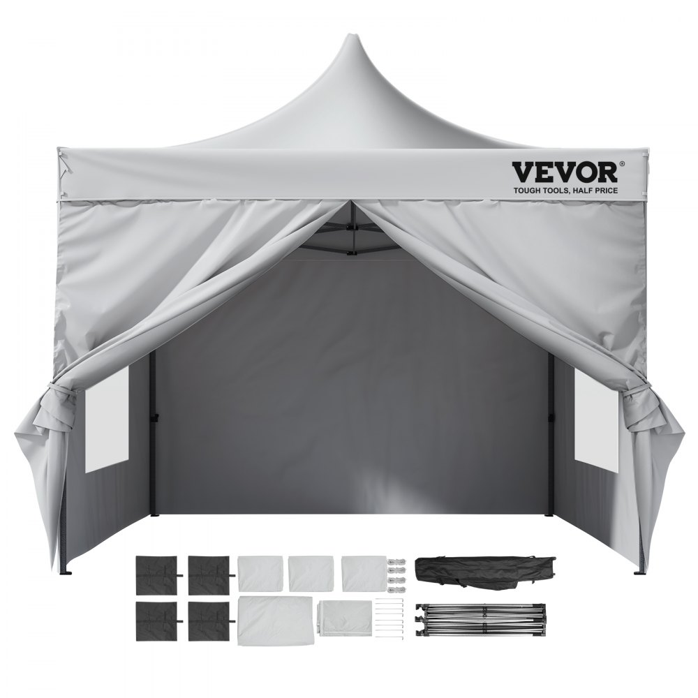 Carpa emergente VEVOR en gris con accesorios, incluidos pesos, paredes laterales y bolsa de transporte.