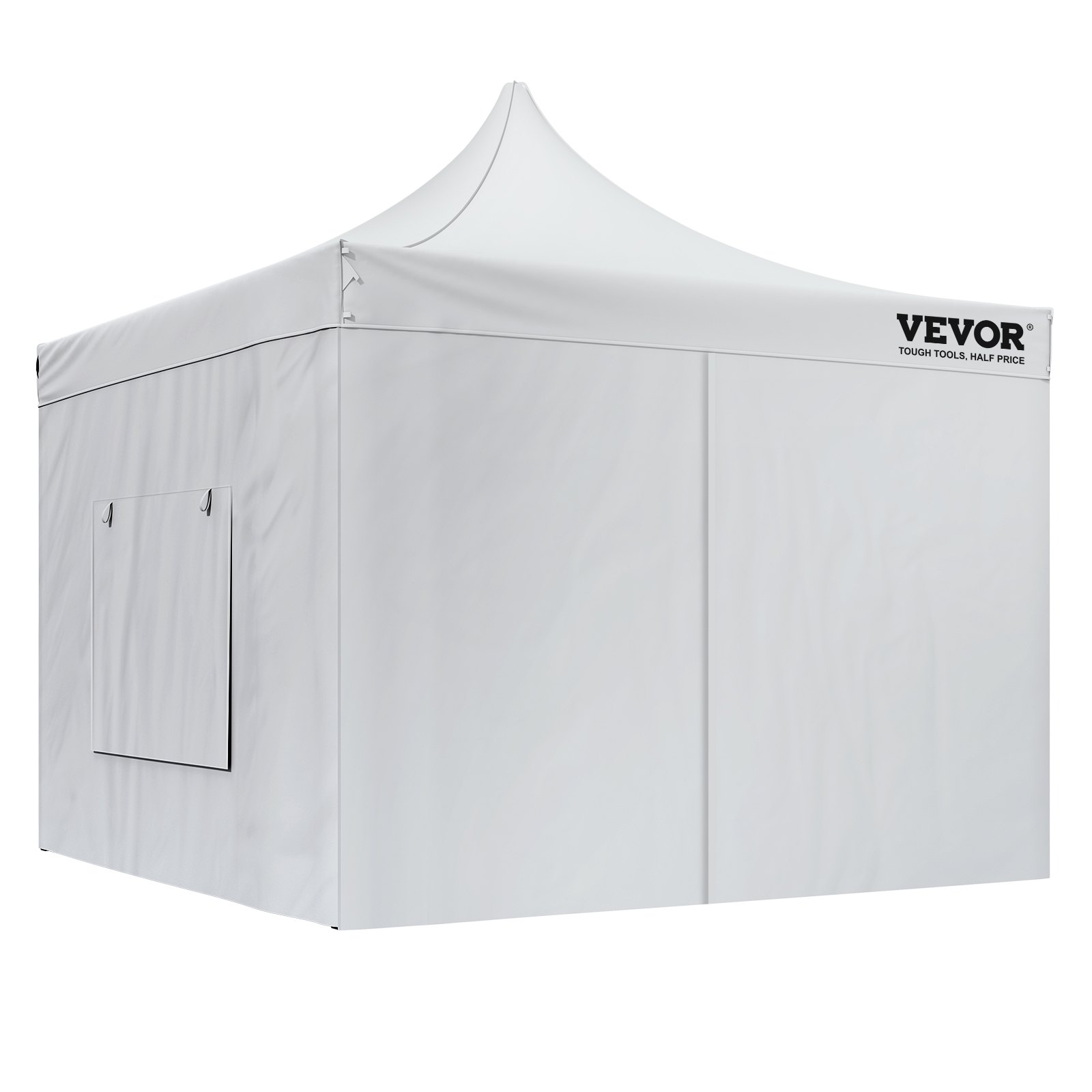 Carpa emergente VEVOR blanca con paredes laterales y logotipo, ideal para eventos al aire libre y protección.