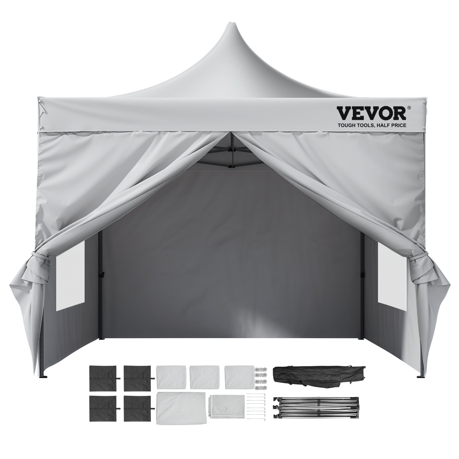 Carpa emergente VEVOR en gris con accesorios, incluidos pesos, paredes laterales y bolsa de transporte.