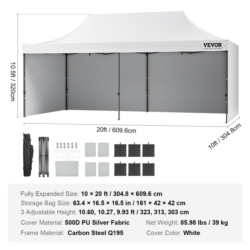 VEVOR Toldo desplegable de 10 x 20 pies con paredes laterales extraíbles, toldos instantáneos, cenador portátil y bolsa con ruedas, resistente a los rayos UV, impermeable, tienda de campaña cerrada pa