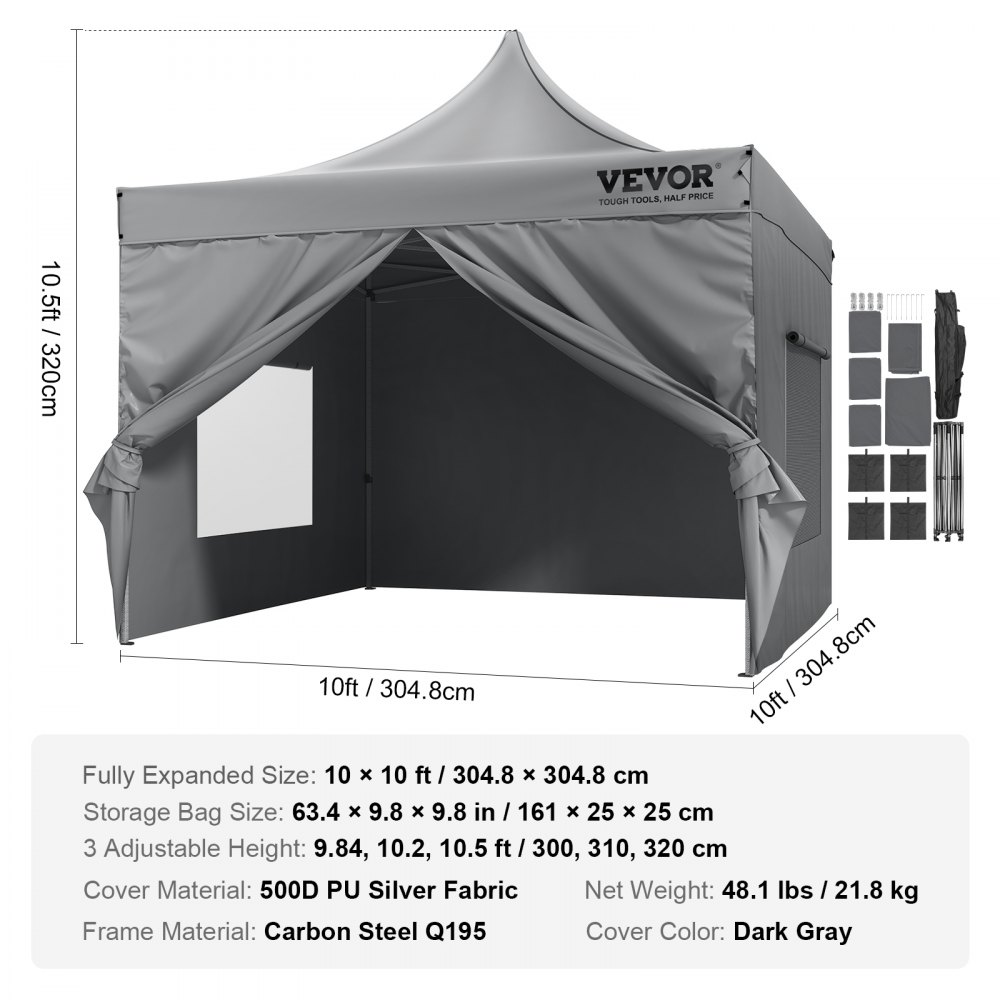Toldo desplegable VEVOR de 10 x 10 pies con paredes laterales extraíbles, toldos instantáneos, cenador portátil y bolsa con ruedas, resistente a los rayos UV, resistente al agua, tienda de campaña cerrada para eventos al aire libre, patio, fiesta, camping