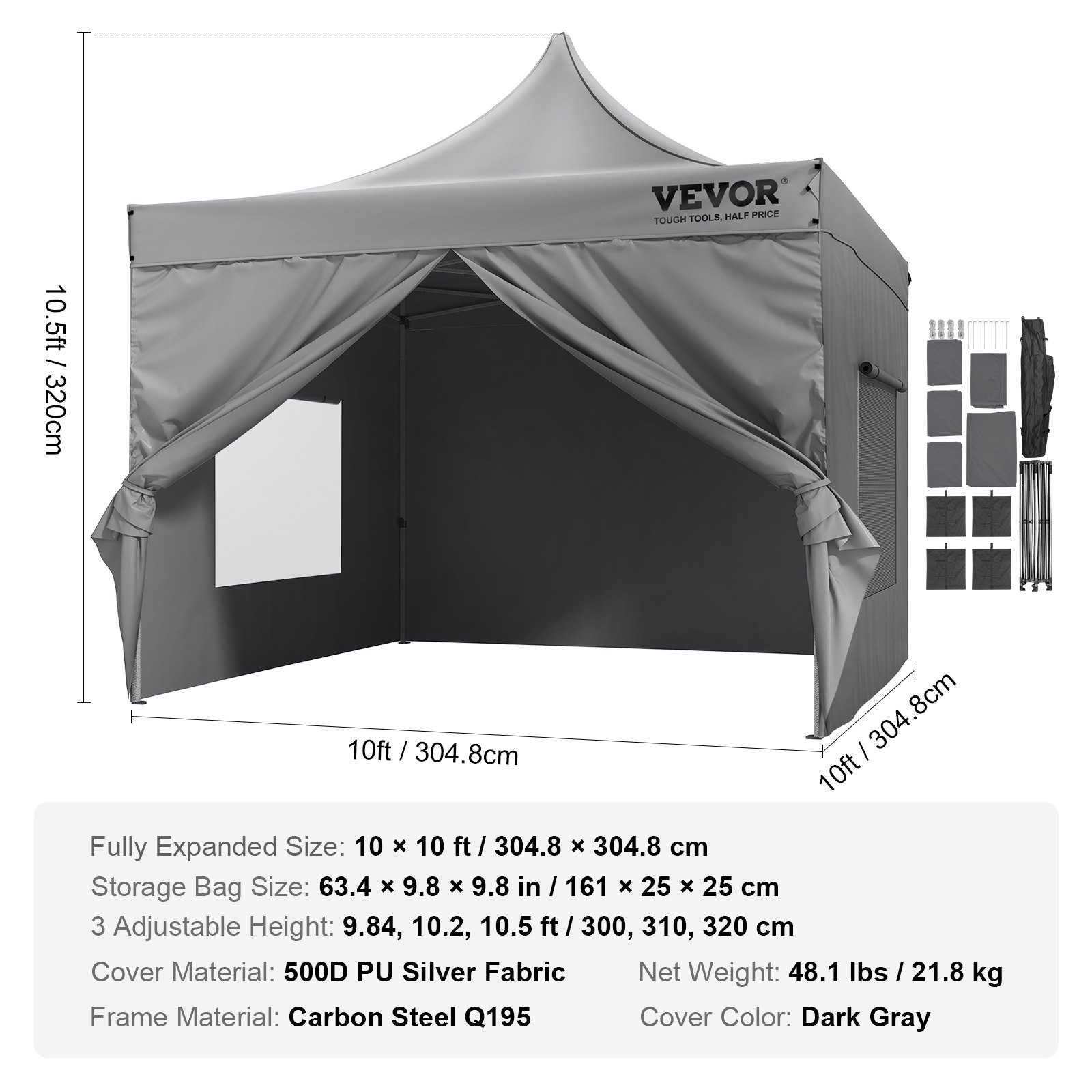 Toldo desplegable VEVOR de 10 x 10 pies con paredes laterales extraíbles, toldos instantáneos, cenador portátil y bolsa con ruedas, resistente a los rayos UV, resistente al agua, tienda de campaña cerrada para eventos al aire libre, patio, fiesta, camping