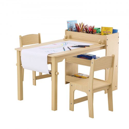 VEVOR Mesa de arte para niños y 2 sillas, mesa de actividades 2 en 1 para manualidades y juegos para niños, juego de mesa y silla de madera para niños con un gabinete para arte, manualidades, lectura,