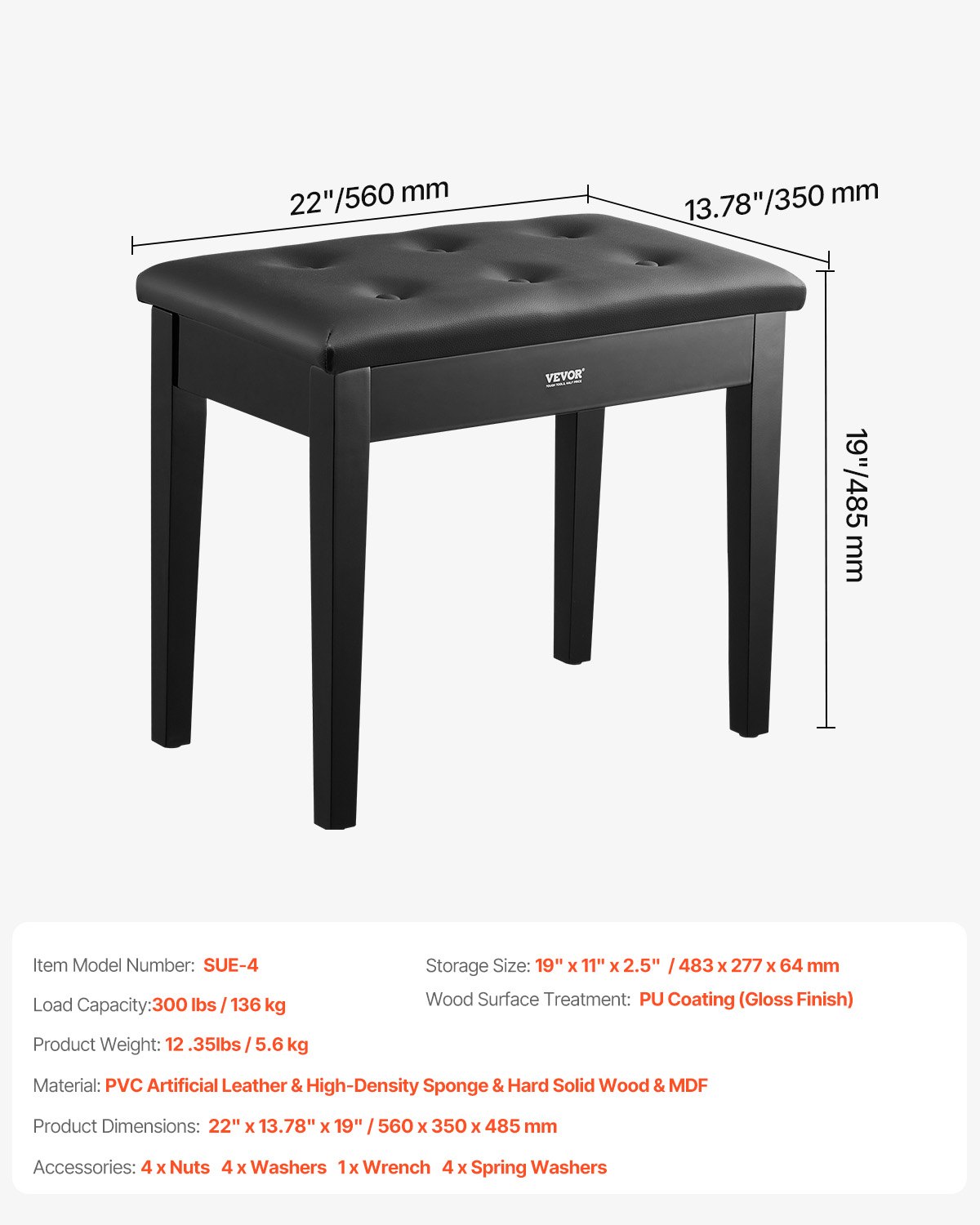 Banco de piano VEVOR, 56 x 35 x 48 cm, silla de piano con teclado y cojín acolchado de alta densidad, compartimento para guardar libros de música, taburete de madera con estantería para piano, ideal para tocador, sala de estar y dormitorio.