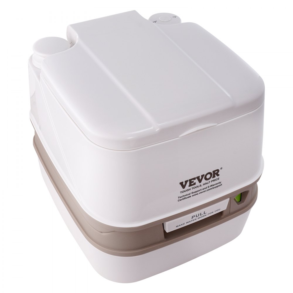 Inodoro portátil VEVOR, diseño compacto en color blanco y beige con tirador y logotipo visible.