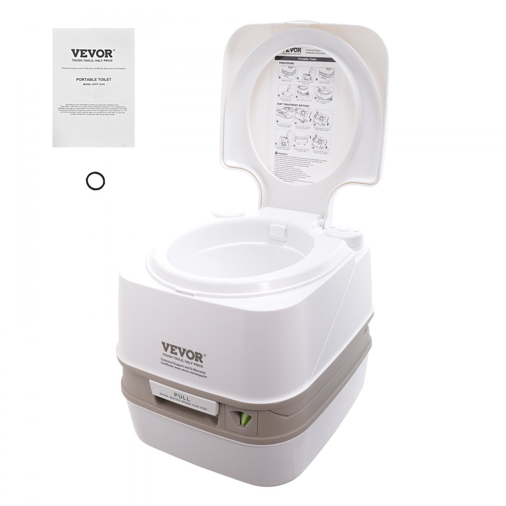 Inodoro portátil VEVOR con tapa abierta, manual de instrucciones y pequeño accesorio mostrado.