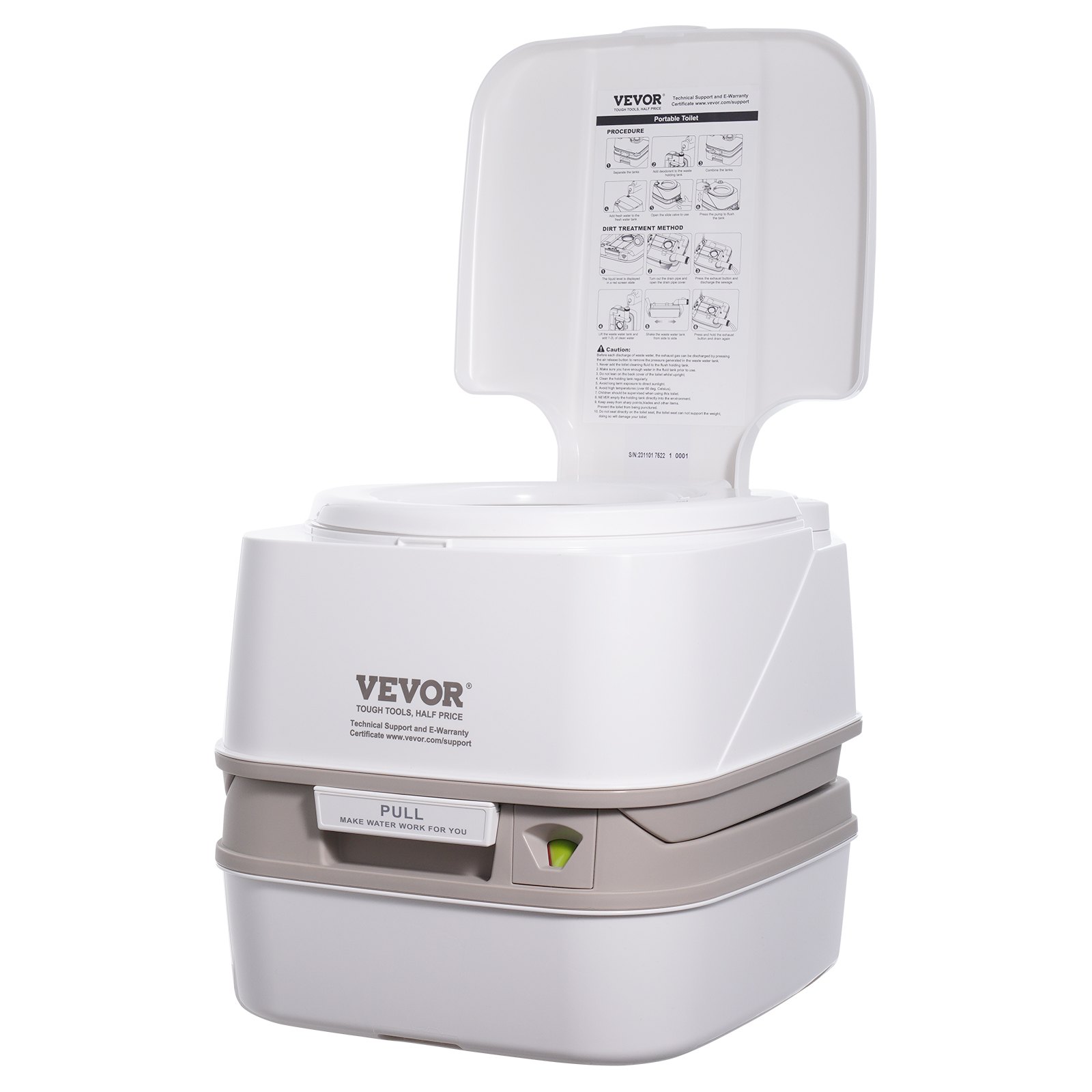 Inodoro portátil VEVOR con tapa abierta, instrucciones etiquetadas y compartimento para desechos extraíble.