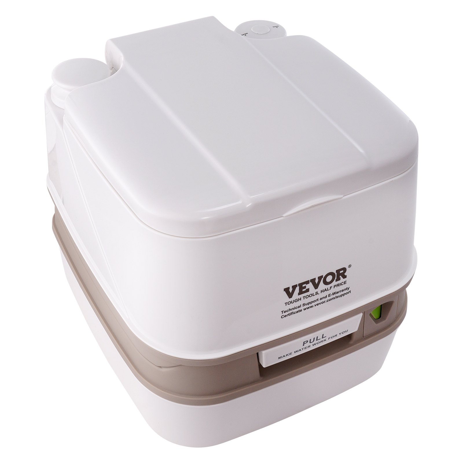 Inodoro portátil VEVOR, diseño compacto en color blanco y beige con tirador y logotipo visible.