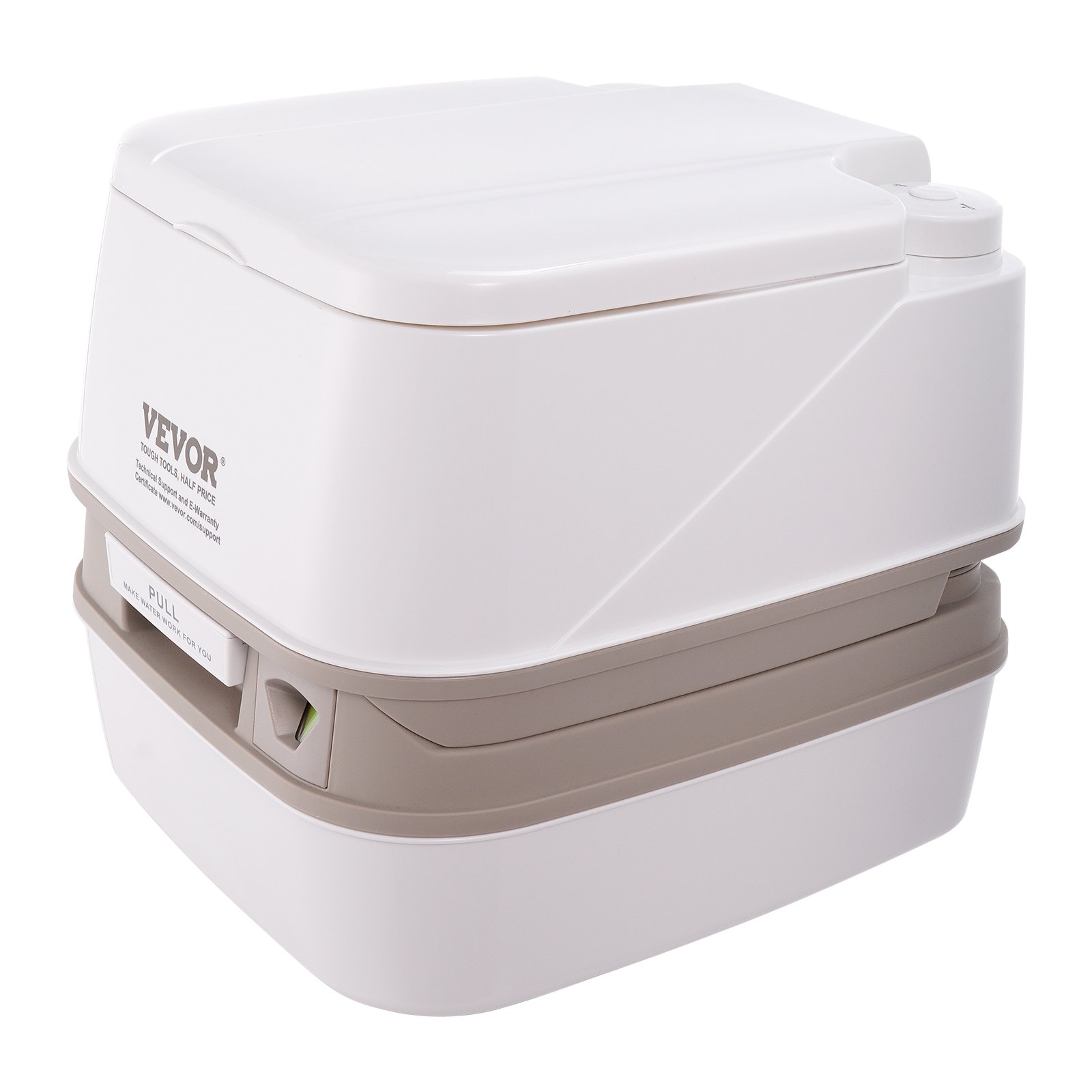 Inodoro portátil VEVOR con cuerpo blanco y base beige, con un diseño compacto y elegante.